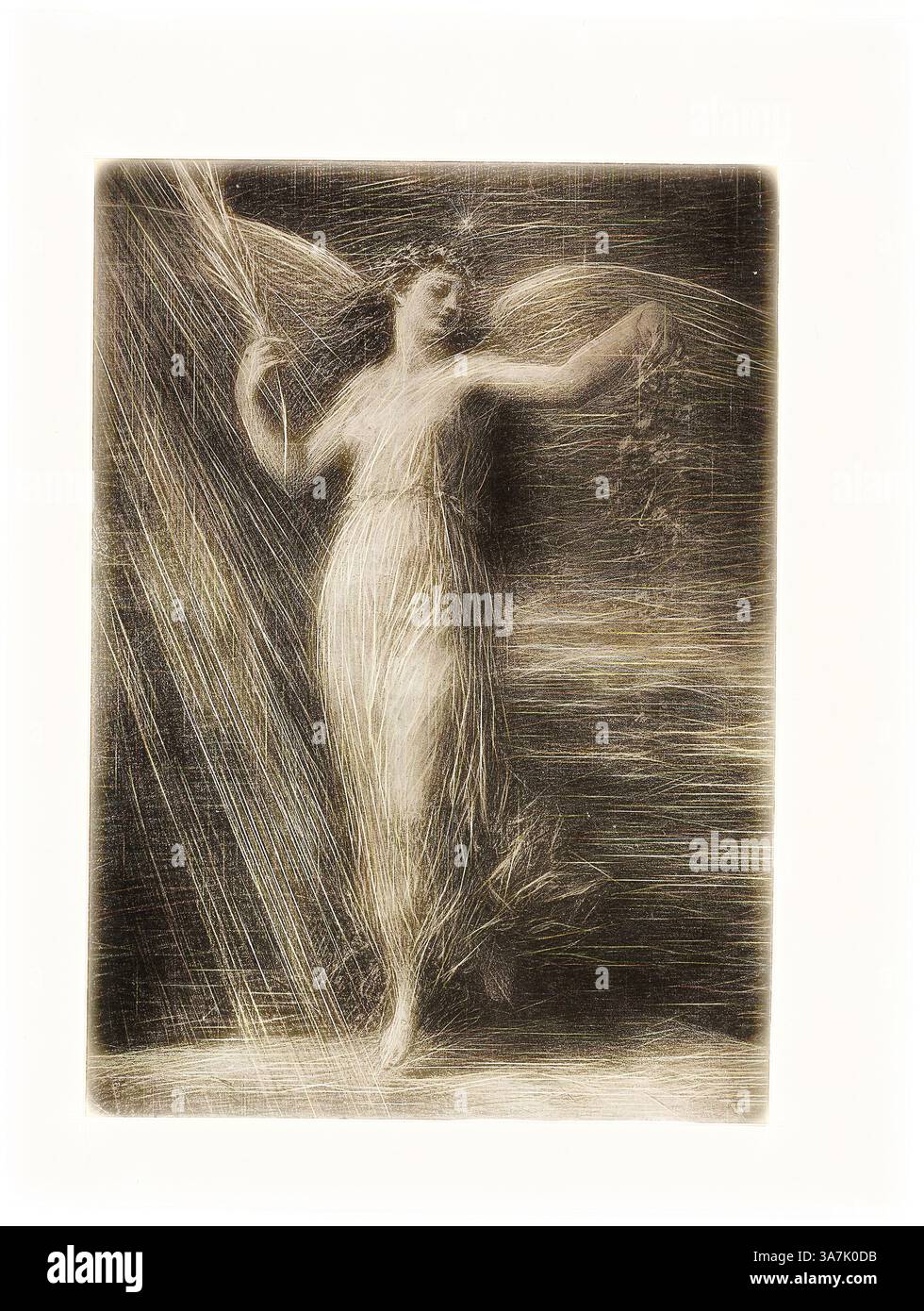 Eine anmutige Figur mit fließenden Haaren steht, die einen Regenschirm in der einen Hand und einen Blumenstrauß in der anderen hält, umgeben von ätherischen Wirbeln, die Bewegung und ein Gefühl der Ruhe suggerieren. Die Szene erinnert an eine traumhafte Qualität, die Elemente von Natur und Fantasie vereint. Klassische Kunst mit modernem Twist neu interpretiert von Artotop, Réveil, 1886, Henri Fantin-Latour, Französisch, 1836-1904, Frankreich, Lithografie in Schwarz mit Kratzern auf Stein auf grauelfenbeinfarbenem porzellanpapier mit sichtbaren Pinselspuren Stockfoto