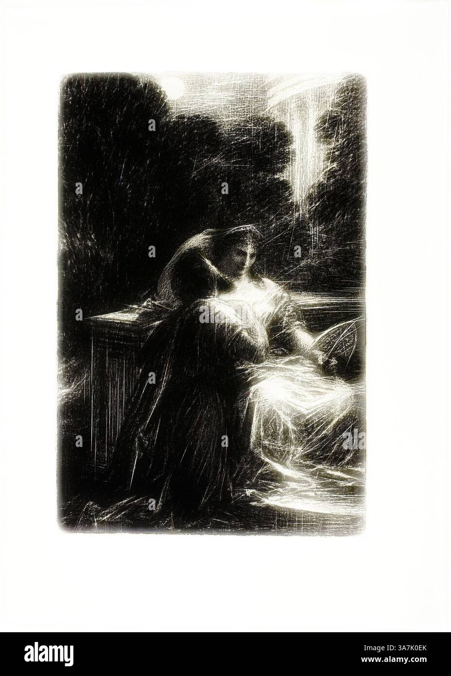 Eine ruhige Szene fängt zwei Gestalten ein, die sich in einem ruhigen Gespräch befinden, umgeben von üppigem Laub, das ein Gefühl von Intimität und Besinnung weckt. Das Spiel des Lichts schafft eine kontrastierende Atmosphäre, die die emotionale Tiefe ihres Augenblicks verstärkt., Klassische Kunst mit modernem Twist neu interpretiert von Artotop, die Trojaner in Karthage: Akt III, Love Duet, 1888, Henri Fantin-Latour, Französisch, 1836-1904, Frankreich, Lithografie in Schwarz mit Kratzern auf Stein, auf grauelfenbeinfarbenem Porzellanpapier, gelegt auf elfenbeinfarbenem Webpapier Stockfoto