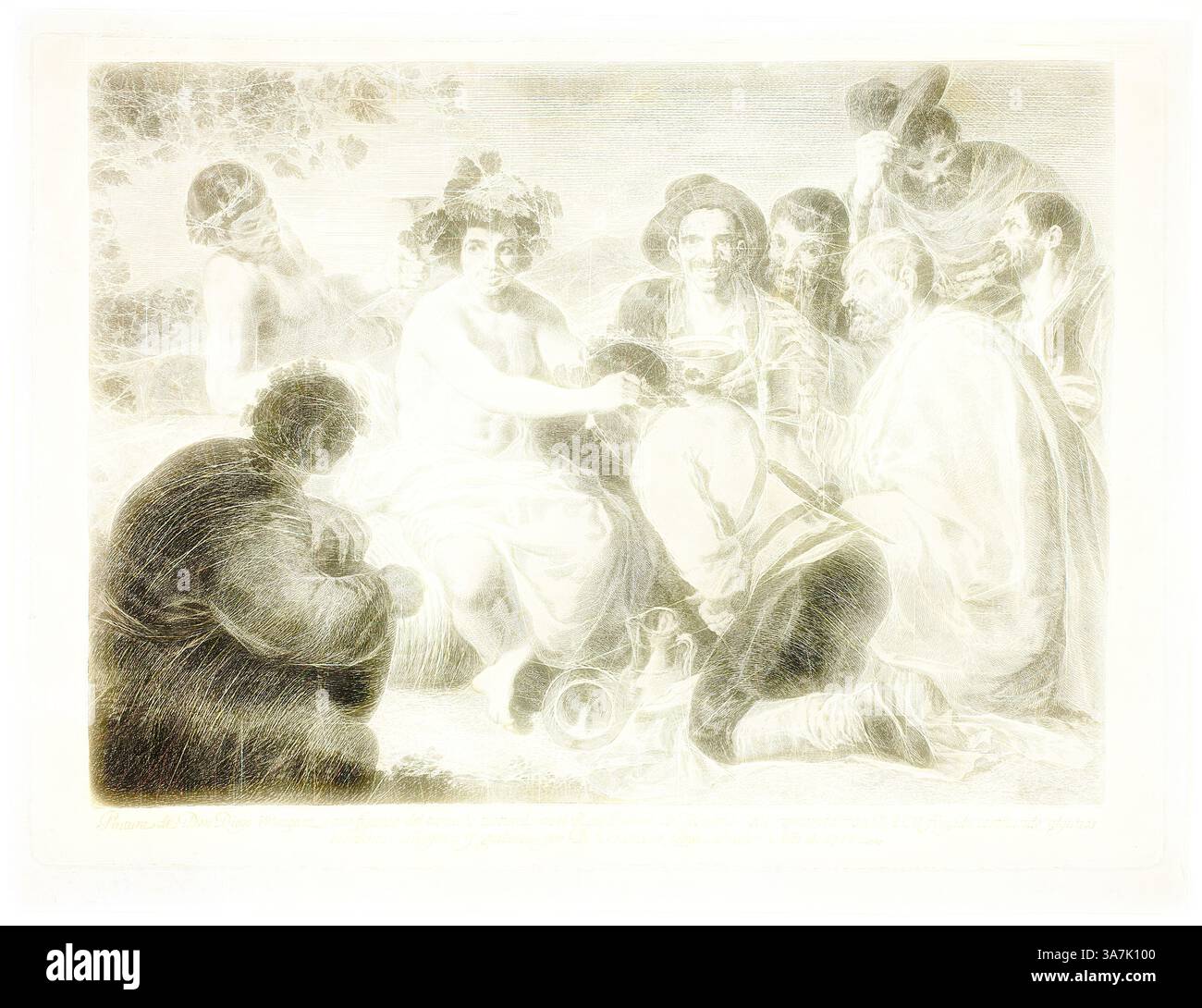 Eine Zusammenkunft von Figuren, die in lebendiger Interaktion mit einer Person in der Mitte stehen, mit Weinstöcken geschmückt, die scheinbar im Mittelpunkt der Aufmerksamkeit stehen. Die Gruppe scheint in Diskussionen oder Feiern eingetaucht zu sein, umgeben von der Natur, wodurch eine Atmosphäre der Kameradschaft und des Festes entsteht., Klassische Kunst mit modernem Touch neu interpretiert von Artotop, The Trunkards, 1778, Francisco José de Goya y Lucientes (Spanisch, 1746-1828), nach Diego Velázquez (Spanisch, 1599-1660), Spanien, Ätzung mit eingravierter Inschrift auf elfenbtem Papier Stockfoto
