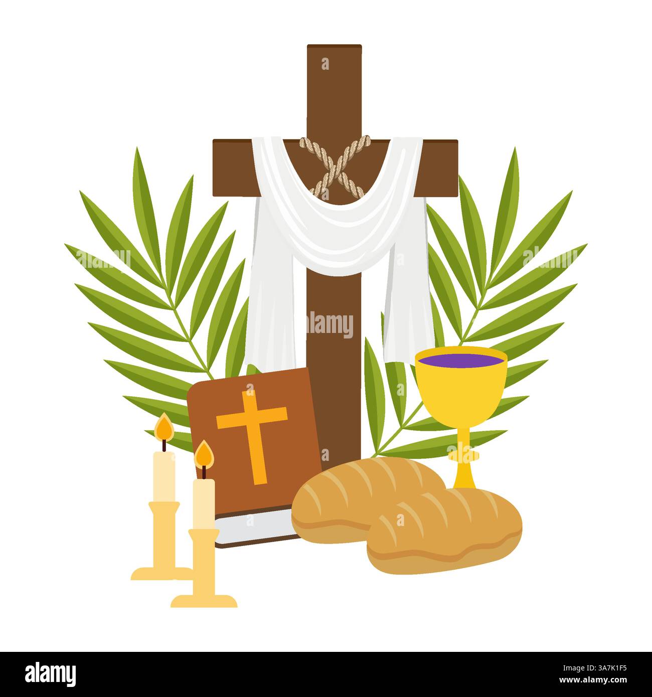 Symbole der Heiligen Kommunion mit Kreuz, Brot, Wein, Bibel, Kerzen, und Palmblätter Stock Vektor