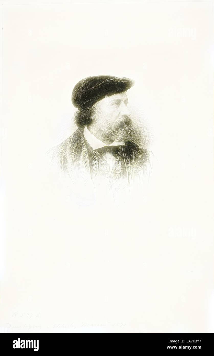 Ein detailliertes Porträt eines vornehmen Herrn mit einem markanten Bart, Hut und Anzug, der einen Hauch von Raffinesse und Nachsicht ausstrahlt., Klassische Kunst mit einem modernen Twist neu interpretiert von Artotop, Portrait of Daubigny, 1879, Léopold Massard, Französisch, 1812-1889, Frankreich, Ätzen auf elfenbeinfarbenem Papier Stockfoto