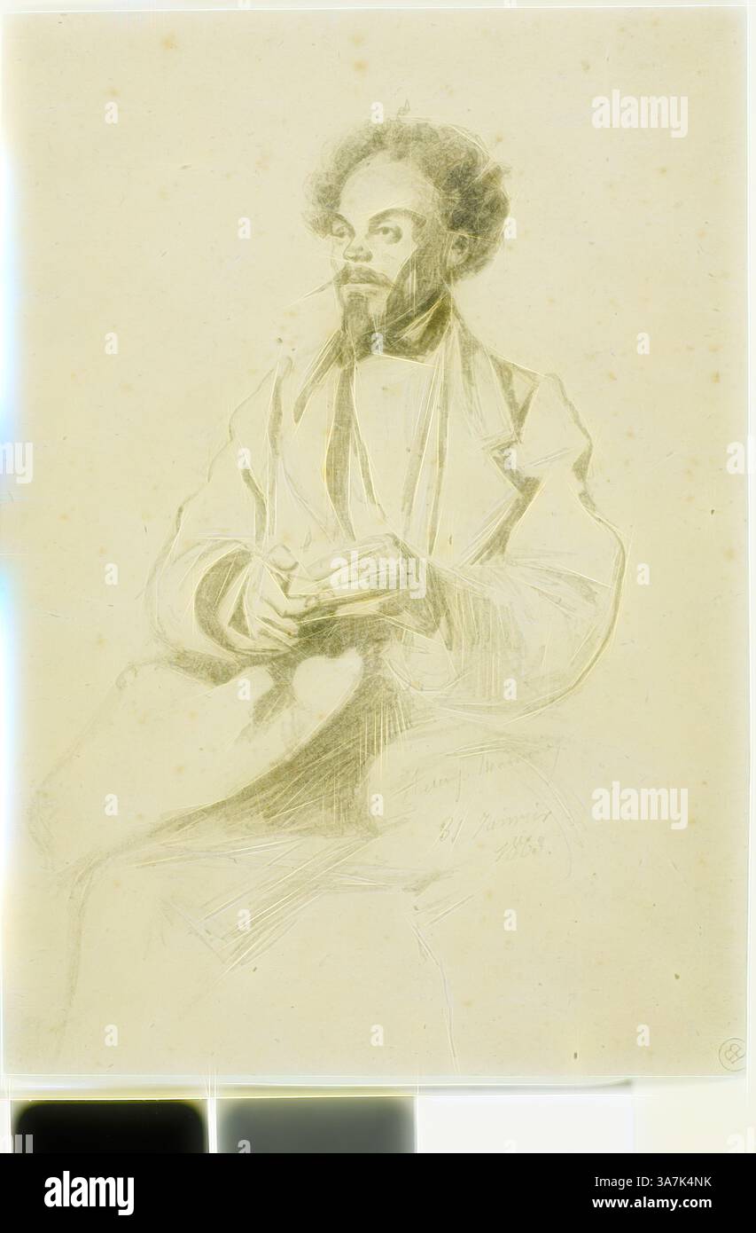 Ein sorgfältig gerendertes Porträt eines sitzenden Mannes mit Bart, der ein Buch hält. Er wirkt kontemplativ, in formeller Kleidung gekleidet, mit komplizierten Details in seinen Gesichtszügen und seiner Frisur. Die Stimmung vermittelt ein Gefühl von Intellekt und Poise., Klassische Kunst mit modernem Twist neu interpretiert von Artotop, Portrait of Charles Meryon, 1863, Henri Monnier, Französisch, 1799/1805–1877, Frankreich, Graphit auf Buff Wove Karte Stockfoto