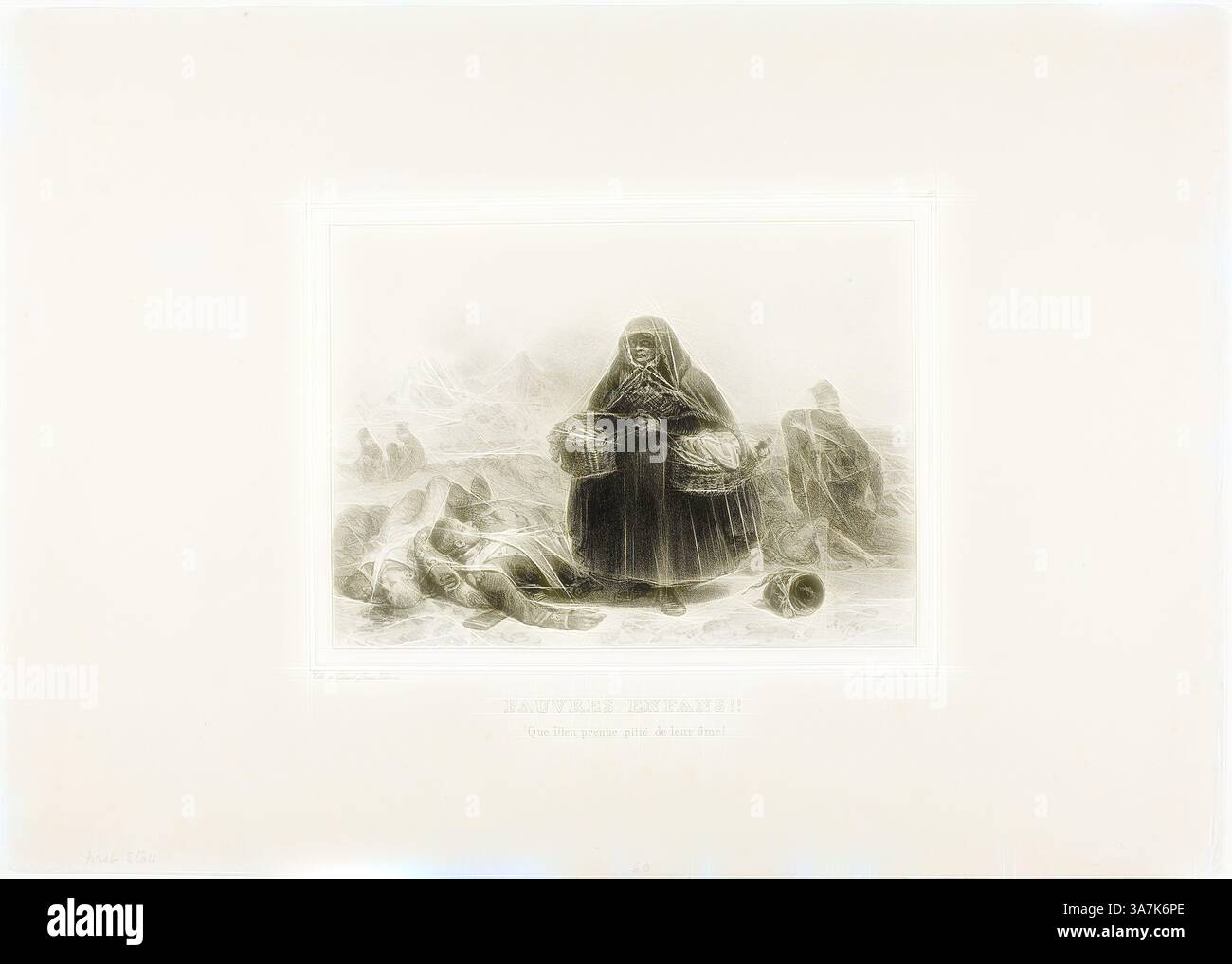 Eine feierliche Figur mit dunklen Gewändern sitzt mit Körben in der Hand, umgeben von einer kargen und dramatischen Landschaft. Die Szene vermittelt ein Gefühl von Widerstandskraft und Besinnung. Figuren im Hintergrund, die teilweise von dem rauen Gelände verdeckt sind, deuten auf eine Erzählung von Überleben und Not hin. Klassische Kunst mit modernem Twist, neu interpretiert von Artotop, arme Kinder!! Möge Gott Mitleid mit ihren Seelen haben!, 1834, Denis Auguste Marie Raffet (französisch, 1804–1860), gedruckt von Chez Gihaut Frères (französisch, 19. Jahrhundert), Frankreich, Lithographie in Schwarz auf Elfenbein-Webpapier Stockfoto
