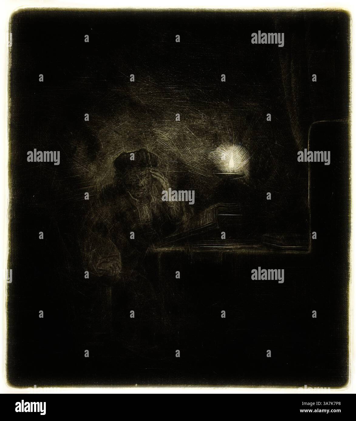 Eine Einzelfigur sitzt an einem Tisch, beleuchtet durch das sanfte Leuchten einer Kerze. Tief in Gedanken, scheinen sie in ein Buch eingetaucht zu sein, umgeben von Schatten, die die ruhige, kontemplative Atmosphäre der Szene verstärken., Klassische Kunst mit modernem Twist neu interpretiert von Artotop, Student at a Table by Candlelight, 1642/65, Salomon Savery (Niederländisch, 1594-1683), nach Rembrandt van Rijn (Niederländisch, 1606-1669), Niederlande, Etching on on on on on on on on on on on auf Papier Stockfoto