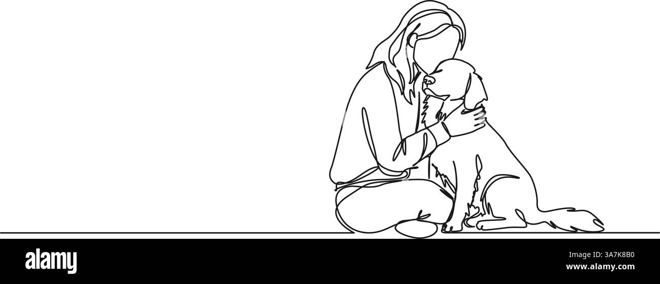 Ununterbrochene Einzeilenzeichnung einer Frau, die ihren Hund umarmt, Linienkunstvektorillustration Stock Vektor