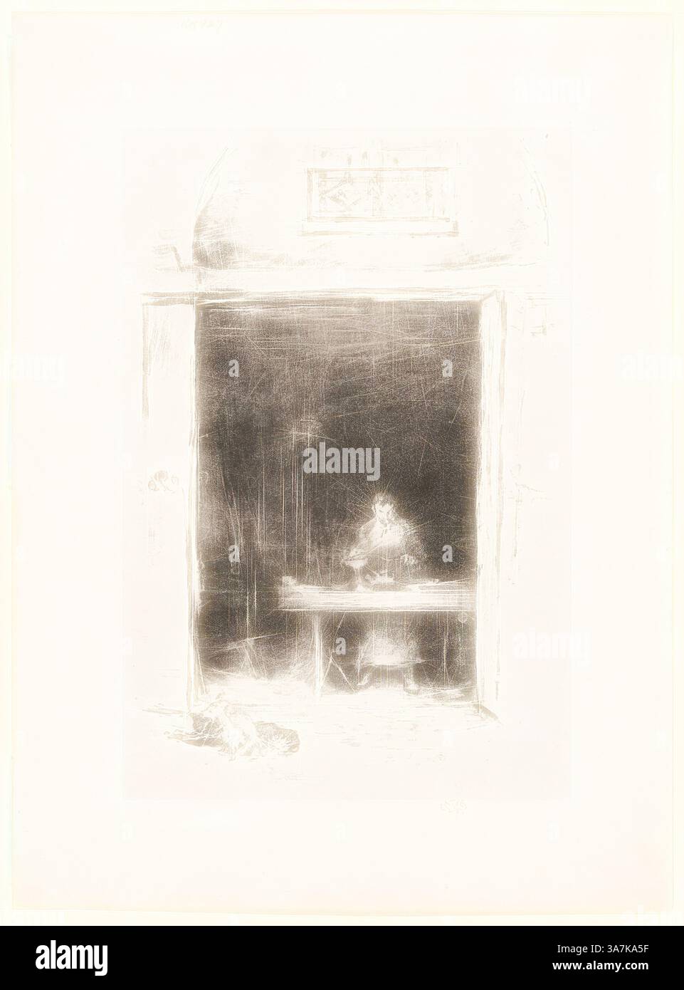 Ein schwach beleuchteter Raum, in dem eine Figur teilweise von sanftem Licht beleuchtet wird, umgeben von einer Atmosphäre der Ruhe und des Geheimnisses. Ein Tisch im Vordergrund deutet auf eine Szene ruhiger Aktivität hin, während Schatten im Hintergrund verweilen., Klassische Kunst mit modernem Twist neu interpretiert von Artotop, The Smith, Passage du Dragon, 1894, James McNeill Whistler, amerikanisch, 1834-1903, USA, Transfer-Lithographie in schwarz mit Stumpf, auf grauweißem Chine, gelegt auf elfenbeinfarbenem Tellerpapier Stockfoto