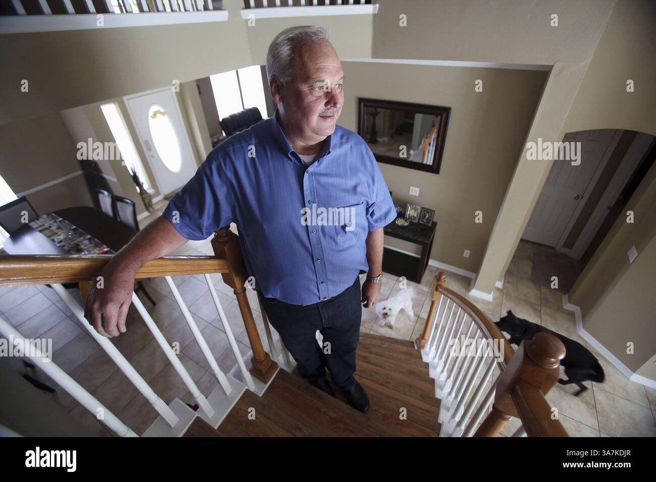 28. November 2012 – Orlando, FL, USA – David Hendricks wird in seinem Haus in Orlando, Florida, mit seinen Hunden Lara, Left, und Skywalker, 28. November 2012 dargestellt. Hendricks wurde verurteilt und dann für den 1983er Axt- und Messermord an seiner Frau und drei Kindern in Bloomington freigesprochen, ein Fall, über den die Tribune in mehr als 20 prominenten Geschichten schrieb. Im Gefängnis freundete er sich mit einem Doppelmörder an, der 13 Jahre lang untätig war. Hendricks hat die Geschichte des Mannes und das selbstveröffentlichte Taschenbuch geschrieben: Tom Henry: Confession of a Killer. (Bild: © Ricardo Ramirez Buxeda/MCT/ZUMAPRESS.com) Stockfoto