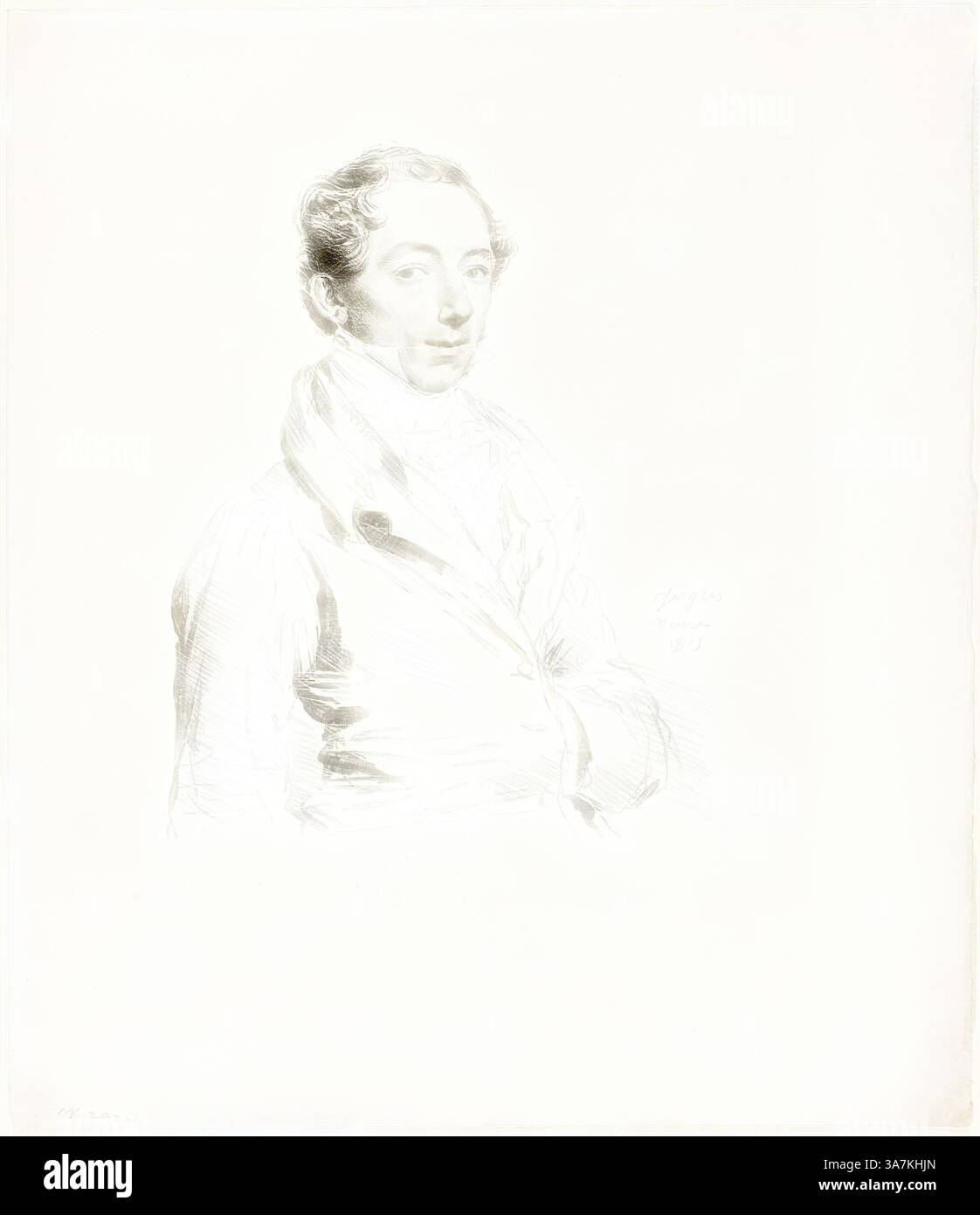 Ein Nahporträt eines Mannes mit einem nachdenklichen Ausdruck, gekleidet in einem hohen Mantel, der ein Gefühl von Eleganz und Raffinesse ausstrahlt. Er blickt leicht zur Seite, sein Haar ist in sanften Wellen gestylt und schafft einen Hauch von Introspektion., Klassische Kunst mit modernem Twist neu interpretiert von Artotop, Frederic Sylvester Douglas, 1815, Jean-Auguste-Dominique Ingres, Französisch, 1780–1867, Frankreich, Lithographie auf Papier Stockfoto