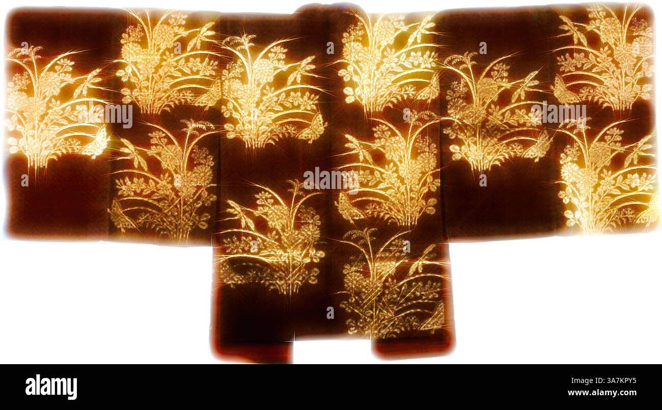 Ein eleganter Kimono mit komplizierten Blumenmustern, das ein reiches Zusammenspiel von goldenen Tönen vor dunklem Hintergrund zeigt und traditionelle Handwerkskunst und Kunstfertigkeit verkörpert., Klassische Kunst mit modernem Touch, neu interpretiert von Artotop, Chôken (Noh-Kostüm), Spätestenzeit (1789–1868), 1825/1875, Japan, Seide und Blattpapierstreifen, komplexe Gaze-Gewebe mit zusätzlichen Brokastenfäden und selbstgemustert mit Seidengewebe, Leinengewebe, mit Leinengewebe mit Leinengewebe, Leinengewebe mit Leinengewebe, Leinengewebe mit 1:2 Leinengewebe, Leinengewebe, Leinengewebe mit Leinengewebe Stockfoto