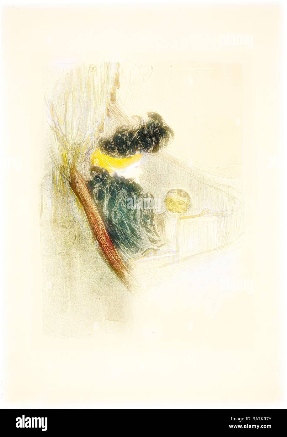 Ein skurriles Zusammenspiel von Formen und Farben schafft eine abstrakte Szene mit organischen Formen, die an Pflanzen und eine goldene Kugel erinnern, und lädt zu Intrigen und Erkundungen der Tiefe und Textur der Komposition ein., Klassische Kunst mit modernem Twist neu interpretiert von Artotop, Princely Idyll, 1897, Henri de Toulouse-Lautrec, Französisch, 1864-1901, Frankreich, Farblithographie auf cremefarbenem Webpapier Stockfoto