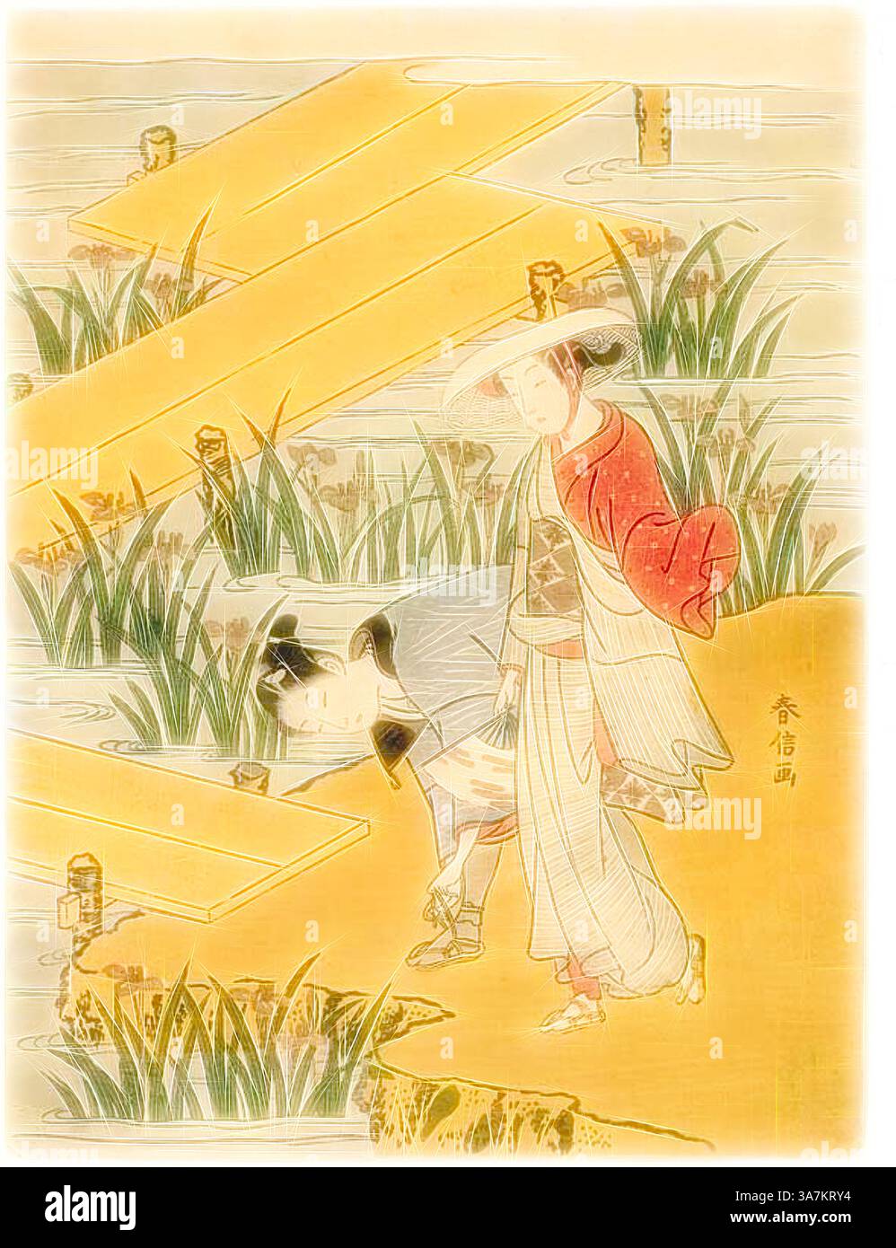 Eine ruhige Szene, in der zwei Figuren auf einem ruhigen Pfad mit üppigem Grün spazieren. Eine Figur trägt traditionelle Kleidung mit einem fließenden roten Mantel, während die andere sich leicht nach vorne neigt, was auf einen Moment der Gemeinschaft hindeutet. Die umliegende Landschaft bietet ruhiges Wasser und stilisierte Elemente, die ein Gefühl von Frieden und Harmonie hervorrufen., Klassische Kunst mit einem modernen Twist, neu interpretiert von Artotop, Acht-Plank Bridge (Parodie der Geschichten von Ise), um 1767, Suzuki Harunobu 鈴木 春信, Japanisch, 1725 (?)-1770, Japan, Farbholzdruck, Chuban Stockfoto