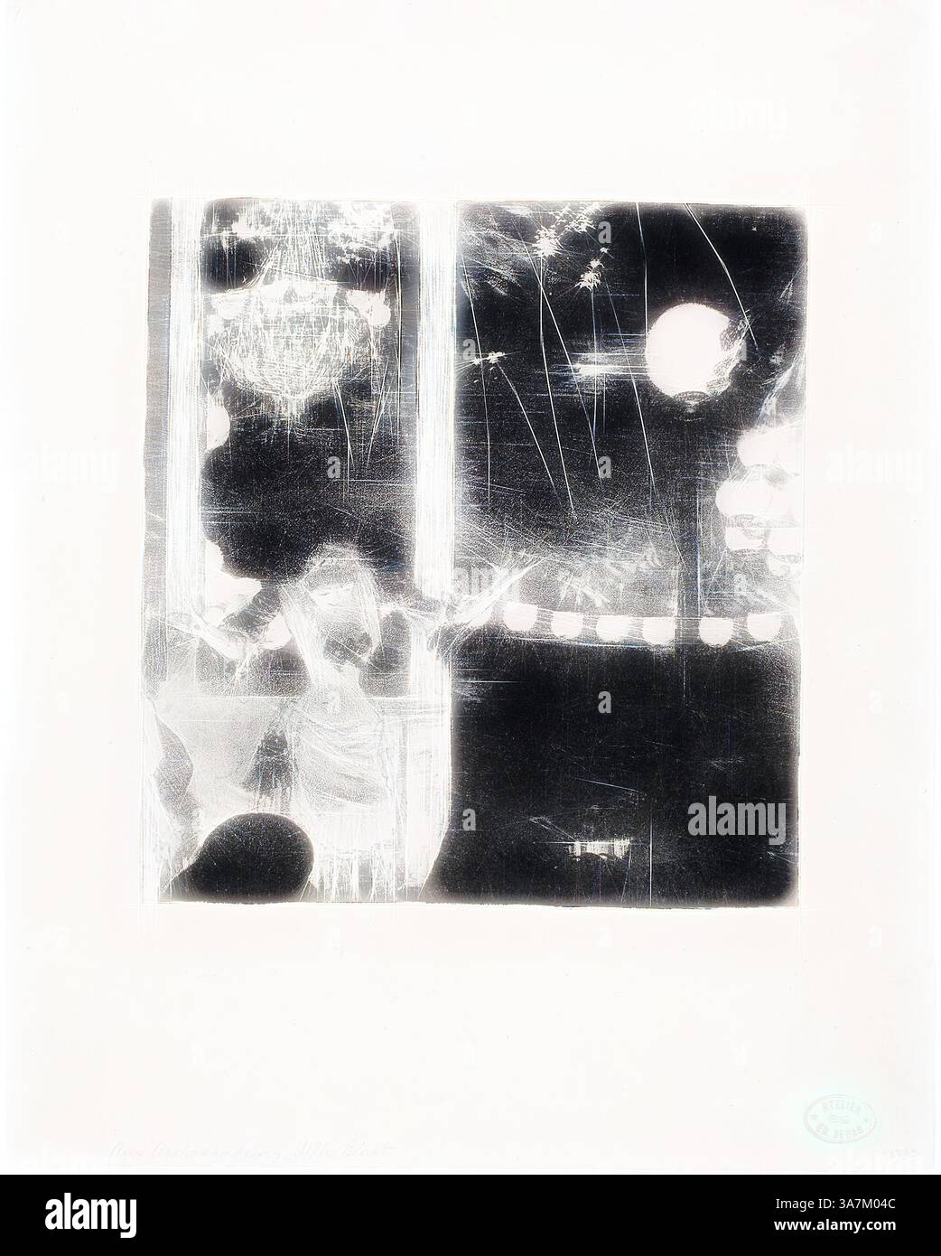 Eine abstrakte Szene mit weichen, ätherischen Formen und verschwommenen Umrissen, die Figuren und Lichtquellen suggerieren und eine traumhafte Atmosphäre mit einem Spiel von Schatten und Highlights schaffen., Klassische Kunst mit modernem Twist neu interpretiert von Artotop, Mlle Bécat im Café des Ambassadeurs, 1877–78, Edgar Degas, Französisch, 1834–1917, Frankreich, Lithografie in Schwarz auf grauweißem Webpapier Stockfoto