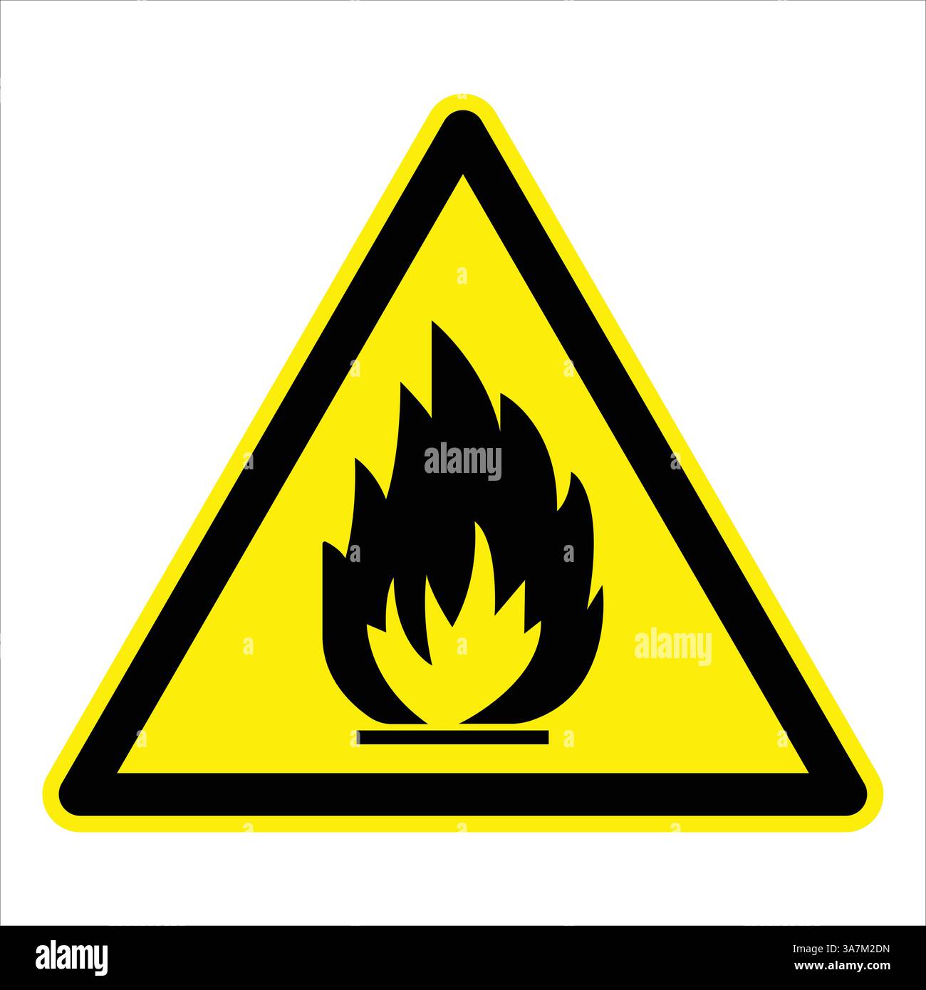 Warnschild, das auf das Vorhandensein von brennbaren Materialien hinweist, mit schwarzen Flammen auf einem gelben dreieckigen Hintergrund Stock Vektor