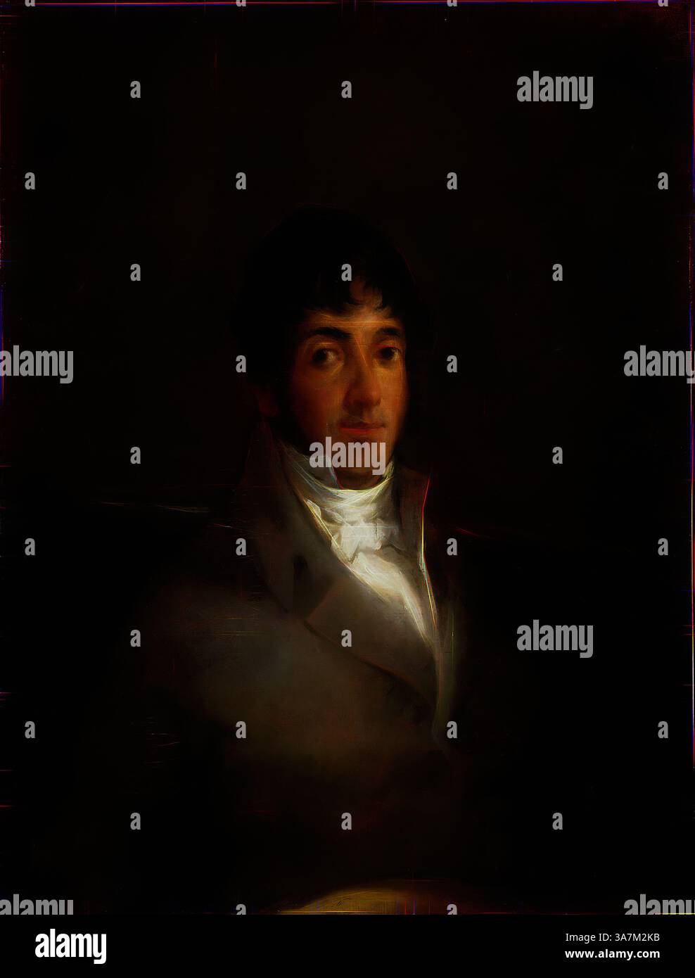 Ein junger Mann mit sanftem Ausdruck blickt direkt auf den Betrachter, gekleidet in einem hohen Mantel. Der Hintergrund ist dunkel und betont die subtilen Details seines Gesichts und seiner Kleidung, was einen Hauch von Introspektion und ruhigem Selbstvertrauen verleiht., Klassische Kunst mit einem modernen Twist neu interpretiert von Artotop, Portrait of Isidoro Maiquez, ca. 1807, Francisco José de Goya y Lucientes, Spanisch, 1746-1828, Spanien, Öl auf Leinwand Stockfoto