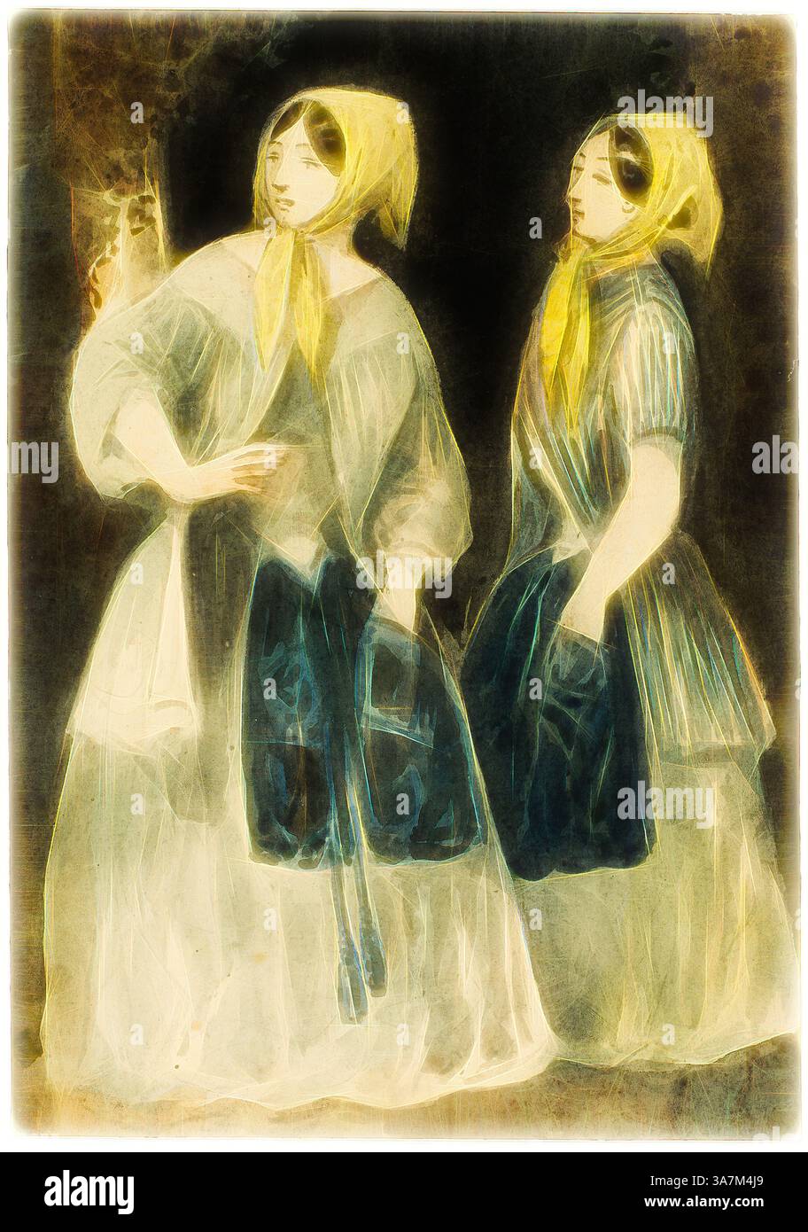 Zwei in fließenden Gewändern gekleidete Figuren stehen nebeneinander, ihre Ausdrücke heiter. Beide tragen Kopftücher und haben auffällige blonde Haare. Die eine auf der linken Seite hält eine Hand auf ihrer Hüfte, während die andere nachdenklich schaut und ein Gefühl der Verbindung zwischen ihnen schafft. Die sanften Farben und sanften Linien erinnern an eine traumhafte, nostalgische Atmosphäre. Klassische Kunst mit modernem Touch neu interpretiert von Artotop, Two Women in Yellow Kerchiefs, n.d., Constantin Guys, Französisch, 1802-1892, Frankreich, Pinsel und Aquarelle, über Spuren von Graphit, auf elfenbeinfarbenem Webpapier Stockfoto