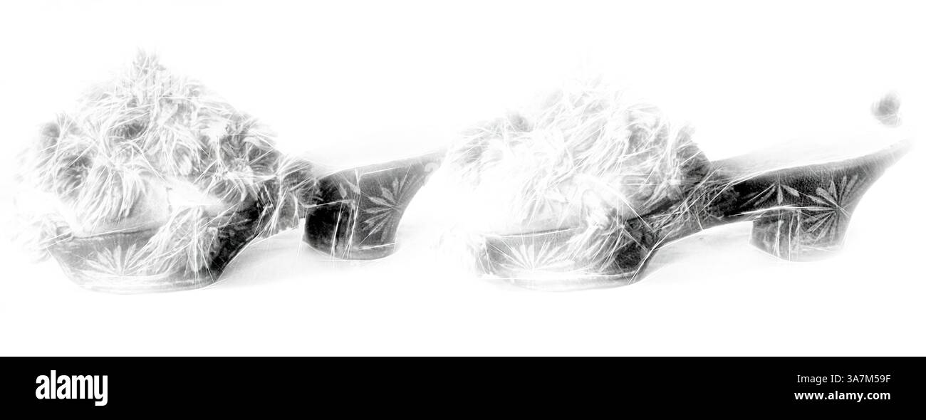 Ein Paar stilvolle, flauschige Plateauschuhe mit Blattmuster, die ein verspieltes und dennoch auffälliges modisches Statement ausstrahlen., Klassische Kunst mit modernem Touch neu interpretiert von Artotop, Woman's Clogs, 18. Jahrhundert, Spanien, Leder, Holz und Seide, gefranste Oberteile (Plateausohlen) Stockfoto