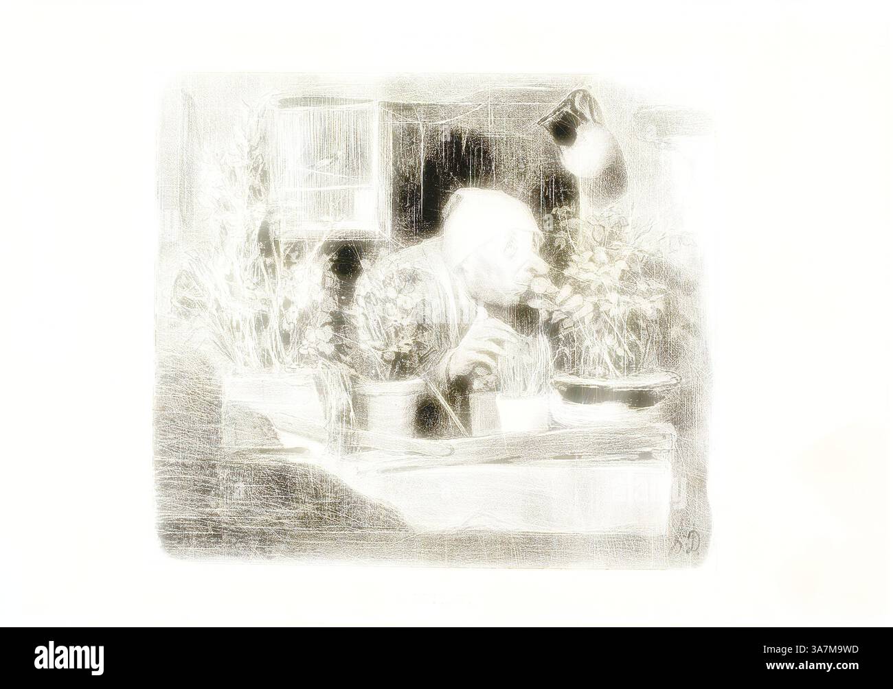 Eine ältere Figur neigt zu Topfpflanzen, umgeben von Grün und sanftem Licht, eingetaucht in den ruhigen Charme der Gartenarbeit., Klassische Kunst mit modernem Twist neu interpretiert von Artotop, Geruch, Platte 38 vom Typ Parisiens, 1839, Honoré Victorin Daumier, Französisch, 1808-1879, Frankreich, Lithografie in Schwarz auf weißem Webpapier, mit Buchdruck-Verso Stockfoto