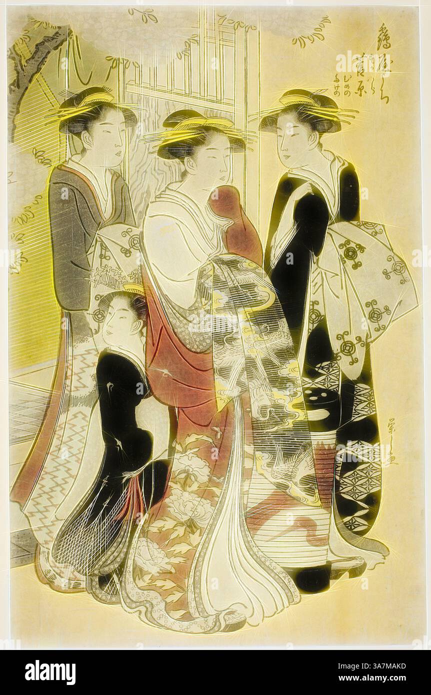 Eine Gruppe elegant gekleideter Frauen steht zusammen und zeigt komplizierte Kimonos mit farbenfrohen, detaillierten Mustern. Ihre Frisuren sind akribisch gestylt, und sie scheinen in Konversation, Verkörperung von Anmut und traditioneller japanischer Kultur zu sein., Klassische Kunst mit modernem Twist neu interpretiert von Artotop, Sugawara von Tsuruya mit den Anhängern Mumeno und Takeno, um 1787, Chobunsai Eishi, Japanisch, 1756-1829, Japan, Farbholzdruck, oban Stockfoto