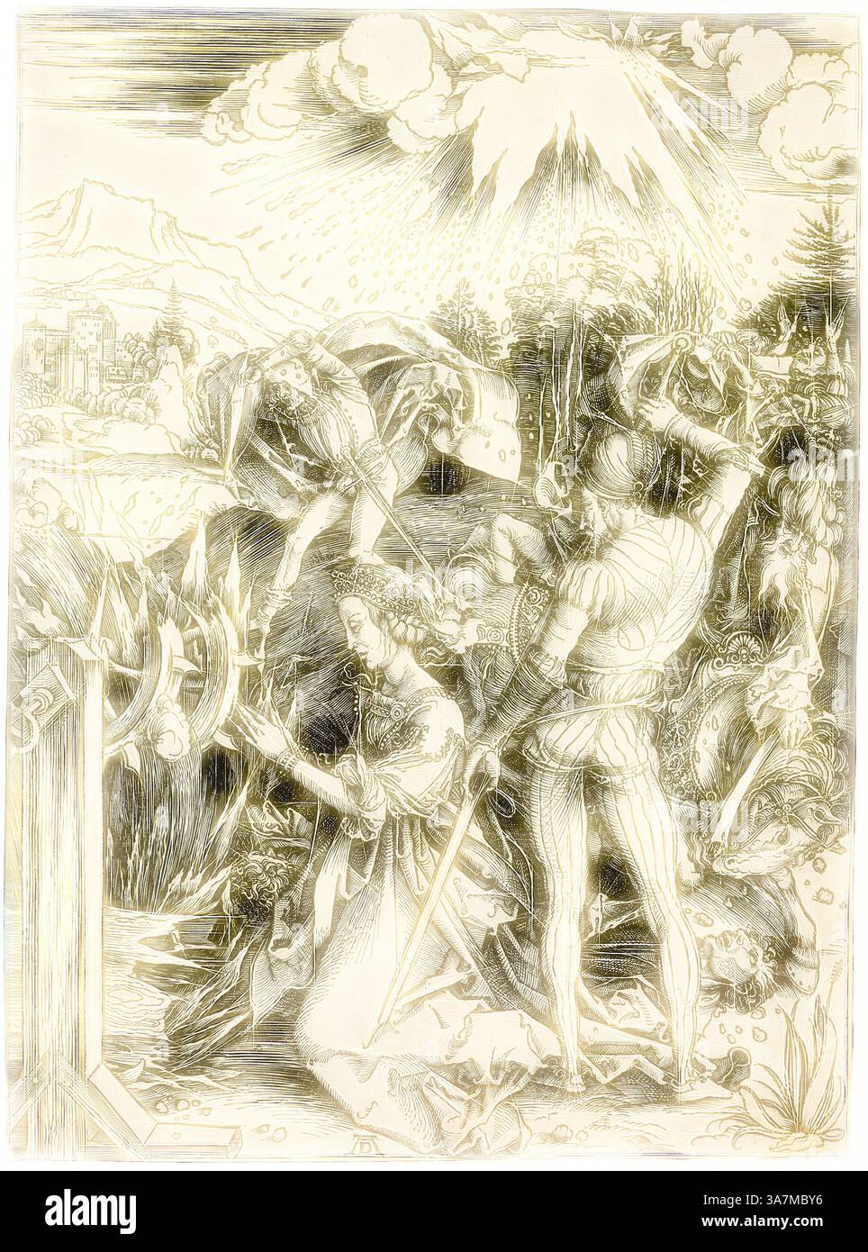 Eine dramatische Szene, in der ein Ritter in Rüstung in der Schlacht verwickelt ist, während eine Frau in einem fließenden Kleid, die möglicherweise Tugend oder Unschuld darstellt, mit dem Konflikt um sie herum interagiert. Elemente der Natur und Architektur schaffen eine chaotische Kulisse und verstärken die Spannung des Augenblicks. Über ihnen erhebt sich ein Himmelsbild, was auf einen größeren kosmischen Einfluss auf die sich abzeichnende Erzählung hindeutet., Klassische Kunst mit einem modernen Twist neu interpretiert von Artotop, das Martyrium der Heiligen Katharina, um 1498, Albrecht Dürer, Deutsch, 1471-1528, Deutschland, Holzschnitt in Schwarz auf elfenbeinfarbenem Büttenpapier Stockfoto