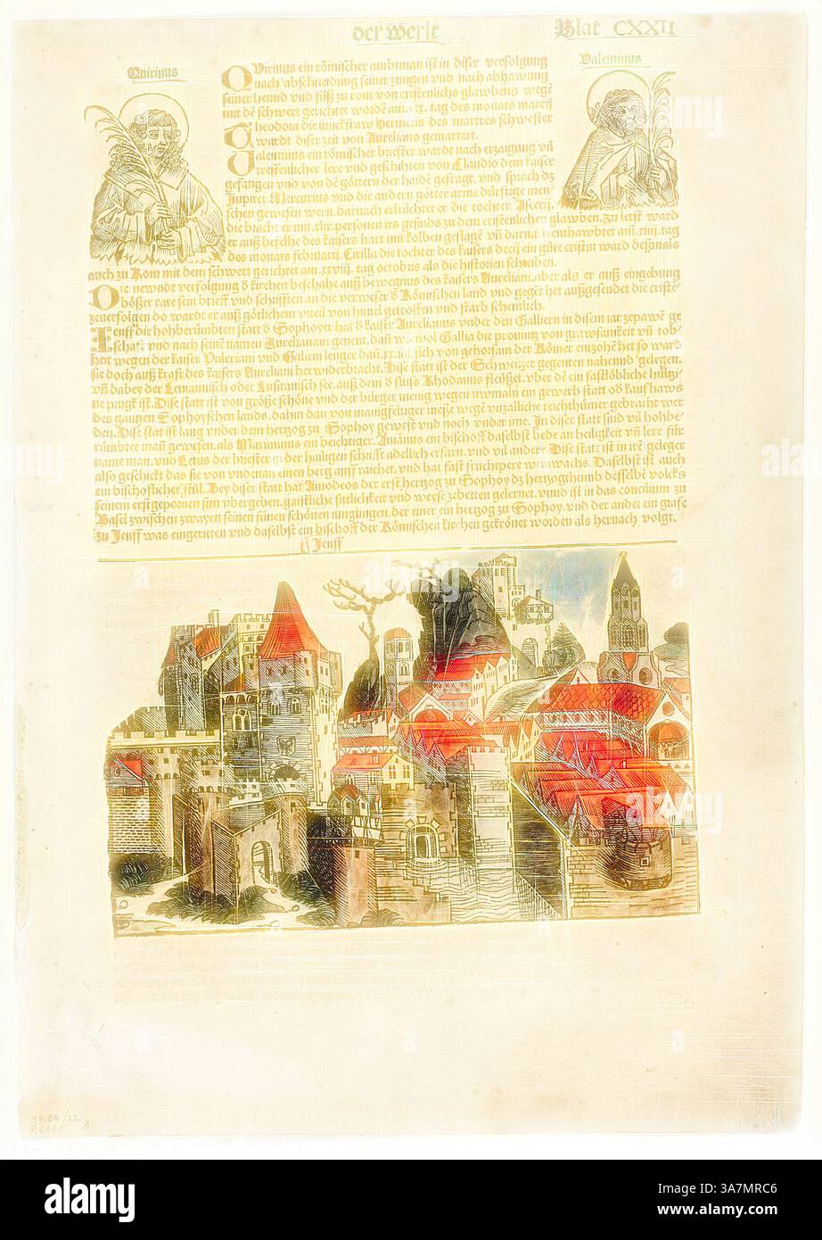 Eine lebendige Illustration einer mittelalterlichen Stadt mit roten Häusern, hohen Türmen und einer Burg auf einem Hügel. Die Szene ist umgeben von üppigem Grün und sanften Landschaften, ergänzt durch detaillierten Text in einer kunstvollen Schrift oben., Klassische Kunst mit modernem Twist neu interpretiert von Artotop, Genf aus Schedel Weltchronik (Schedel Weltgeschichte), Platte 22 aus Holzschnitten aus Büchern des 15. Jahrhunderts, 1493, Portfolio zusammengestellt 1929 45, Michel Wolgemut (Deutsch, 1434/37–1519) und Wilhelm Pleydenwurff (Deutsch, ca. 1460–1494), gedruckt und herausgegeben von Anton/1513, Koberger (Deutsch, 1440). Stockfoto