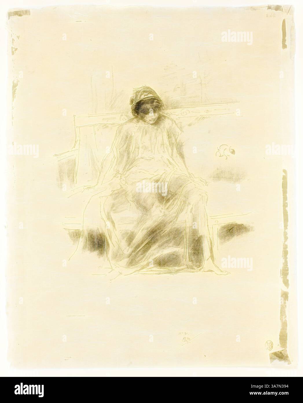 Eine sitzende Figur in fließenden Kleidungsstücken, in einem weichen, ätherischen Stil gehalten, blickt kontemplativ in die Ferne. Die Einfachheit der Szene weckt ein Gefühl von Ruhe und Introspektion, mit subtilen Anklängen von Licht und Schatten, die die Komposition verstärken., Klassische Kunst mit modernem Twist neu interpretiert von Artotop, The draped Figure, Seated, 1893, James McNeill Whistler, amerikanisch, 1834-1903, Vereinigte Staaten, Transfer-Lithographie in Grauschwarz auf braunem japanischem Papier Stockfoto