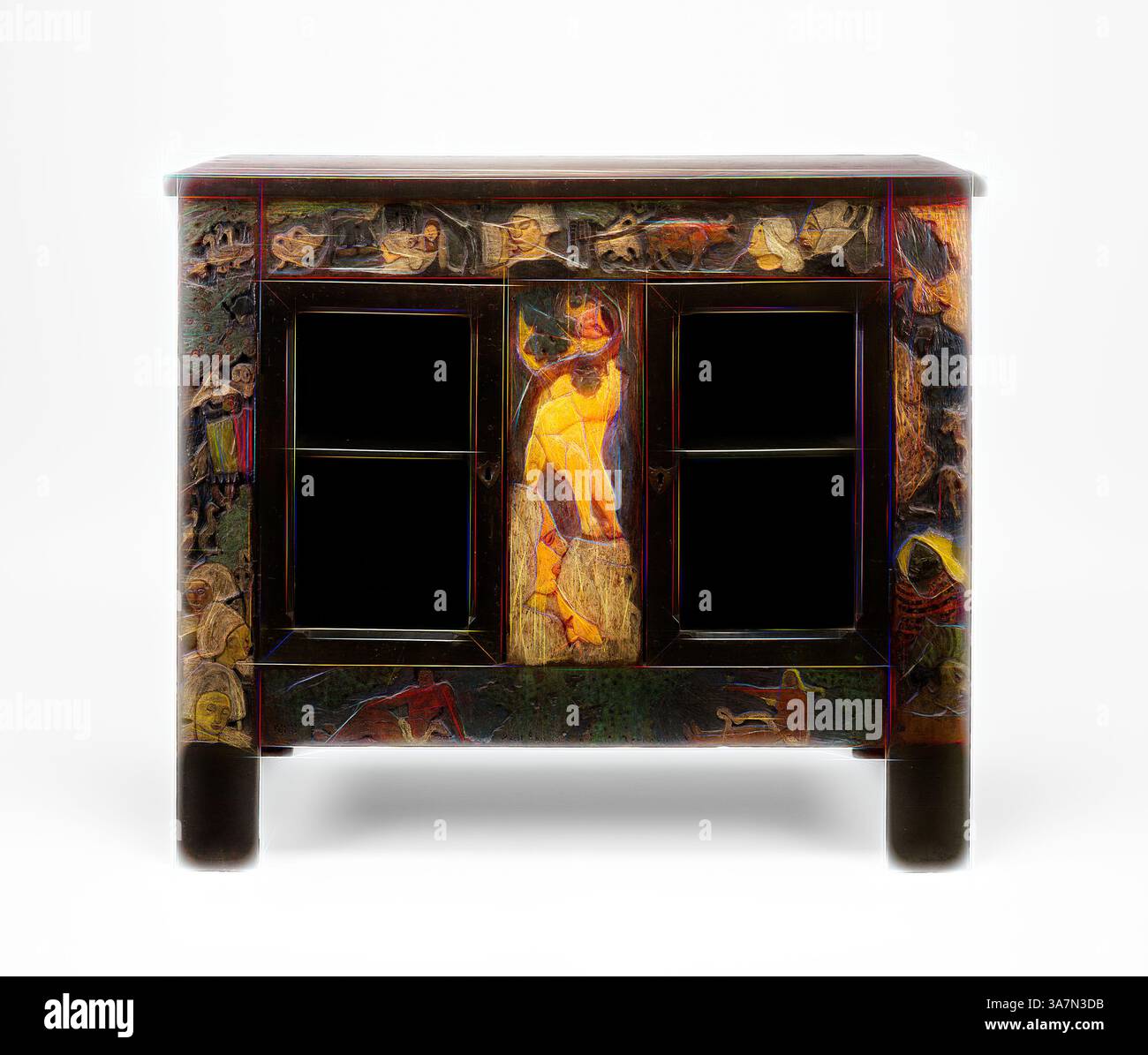 Ein einzigartig gestalteter Schrank mit komplexen Kunstwerken, die verschiedene menschliche Figuren und Szenen darstellen, zeigt eine Mischung aus lebhaften Farben und detaillierten Verzierungen auf der Oberfläche. Das Gebäude verfügt über zwei verglaste Türen, die einen Einblick in den Stauraum im Inneren gewähren. Klassische Kunst mit modernem Touch, neu gestaltet von Artotop, Erdenparadies, 1888, Paul Gauguin (Französisch, 1848–1903) und Emile Bernard (Französisch, 1868–1941), Frankreich, Kastanien und Kiefer, geschnitzt und polychromt, Glas, Metallbeschläge Stockfoto
