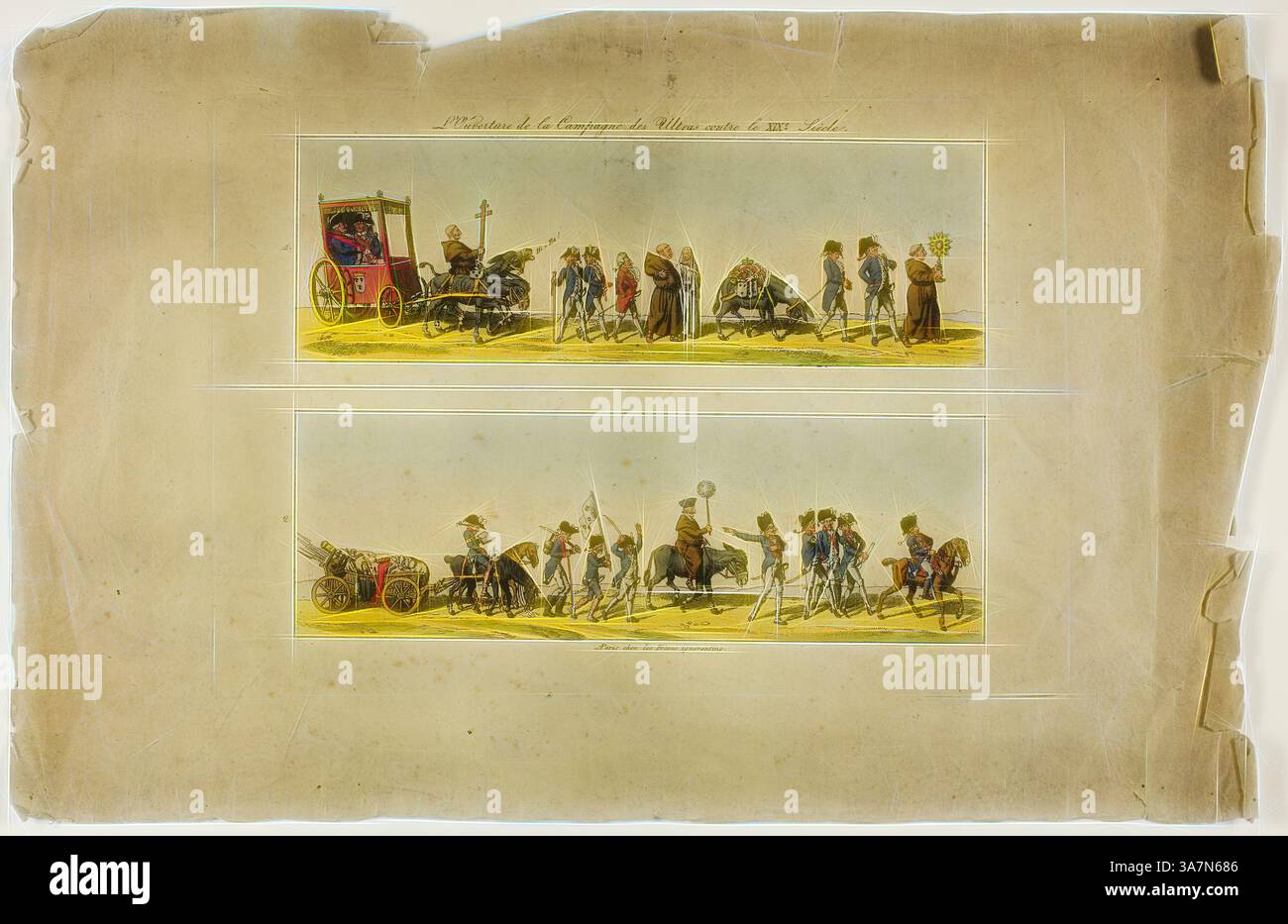 Eine detaillierte Illustration, die eine Paradeszene mit verschiedenen Figuren zeigt, darunter elegant gekleidete Personen, Militärpersonal und eine Pferdekutsche, alle vor einem lebendigen Hintergrund. Die Komposition fängt ein Gefühl von Feier und Kameradschaft ein und zeigt verschiedene zeremonielle Elemente und Aktivitäten., Klassische Kunst mit modernem Touch neu interpretiert von Artotop, Plates One und Two, aus L’Ouverture de la Campagne des Ultras contre la XIXe siecle, n.d., unbekannter Künstler, Französisch, 19. Jahrhundert, Frankreich, zwei Radierungen, mit Aquarell, auf cremefarbenem Papier Stockfoto