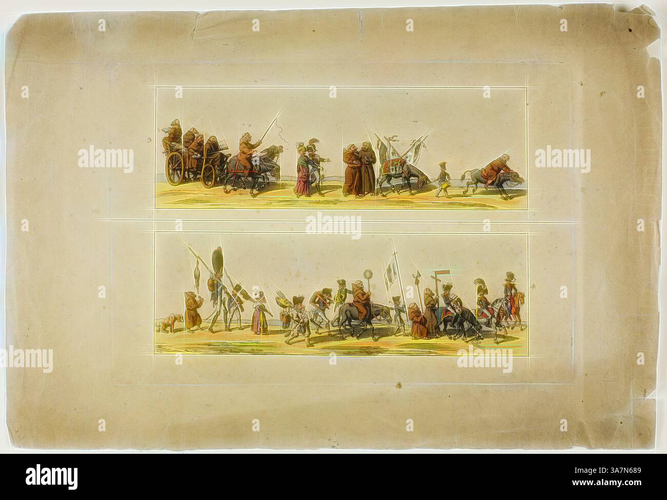 Eine historische Szene, die eine Gruppe von Figuren in traditioneller Kleidung zeigt, die verschiedene Aktivitäten im Zusammenhang mit Kriegsführung oder militärischen Vorbereitungen ausüben. Das Kunstwerk zeigt Soldaten, Wagen und Ausrüstung, die alle ein Gefühl von Bewegung und Action darstellen und das Wesen einer vergangenen Ära einfangen., Klassische Kunst mit einem modernen Twist, neu interpretiert von Artotop, Plates 3 und 4, aus L’Ouverture de la Campagne des Ultras contre la XIXe siecle, n.d., Unbekannter Künstler, Französisch, 19. Jahrhundert, Frankreich, zwei Radierungen, mit Aquarell, auf cremefarbenem Papier Stockfoto