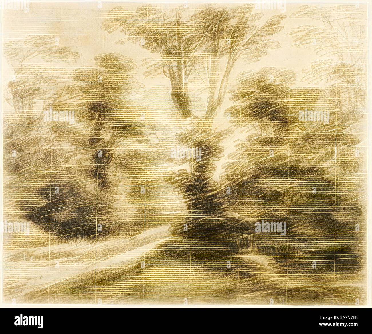 Eine ruhige Landschaft mit üppigen Bäumen und einem gewundenen Pfad, sanft beleuchtet durch ein sanftes Licht, schafft eine friedliche und stimmungsvolle Szene., Klassische Kunst mit modernem Touch neu interpretiert von Artotop, A Sunlit Path through a Wood, 1750/59, Thomas Gainsborough, Englisch, 1727-1788, England, Graphite, mit Pinsel und grauer Waschung, auf cremefarbenem Papier, abgelegt auf cremefarbenem Webpapier, Rand auf gräulich-cremefarbenem Webpapier montiert Stockfoto