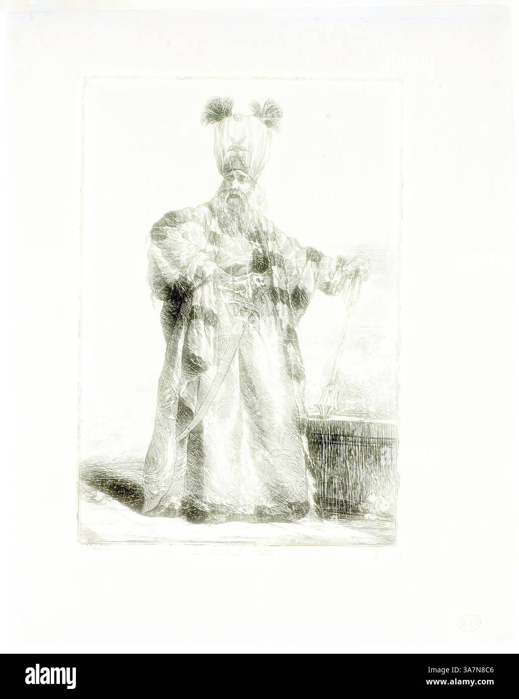 Eine Figur in raffinierter traditioneller Kleidung, komplett mit markantem Kopfschmuck, steht anmutig und hält einen Korb und strahlt einen Hauch von historischer Bedeutung und kulturellem Reichtum aus., Klassische Kunst mit modernem Touch neu interpretiert von Artotop, Le Grand Vizir, Platte fünf aus Caravanne du Sultan à la Mecque, 1748, Joseph Marie Vien, Französisch, 1716-1809, Frankreich, Ätzen auf elfenbeinfarbenem Papier Stockfoto Eine Figur in raffinierter traditioneller Kleidung, komplett mit markantem Kopfschmuck, steht anmutig und hält einen Korb und strahlt einen Hauch von historischer Bedeutung und kulturellem Reichtum aus., Klassische Kunst mit modernem Touch neu interpretiert von Artotop, Le Grand Vizir, Platte fünf aus Caravanne du Sultan à la Mecque, 1748, Joseph Marie Vien, Französisch, 1716-1809, Frankreich, Ätzen auf elfenbeinfarbenem Papier Stockfoto