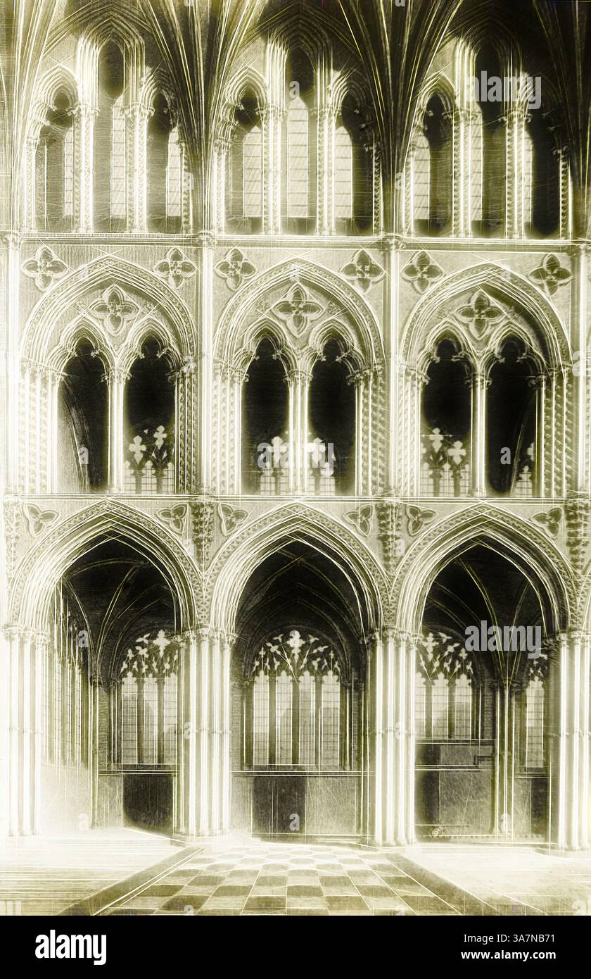 Ein atemberaubendes architektonisches Interieur mit hohen, verzierten Bögen, komplizierten Säulen und filigranen gotischen Details. Der Boden ist mit einem karierten Muster verziert, das das Gefühl von Tiefe und Größe in diesem prächtigen Raum verstärkt., Klassische Kunst mit einem modernen Twist neu interpretiert von Artotop, Ely Cathedral: Presbytery, from an Graving, um 1891, Frederick H. Evans, Englisch, 1853–1943, England, Laternenrutsche Stockfoto