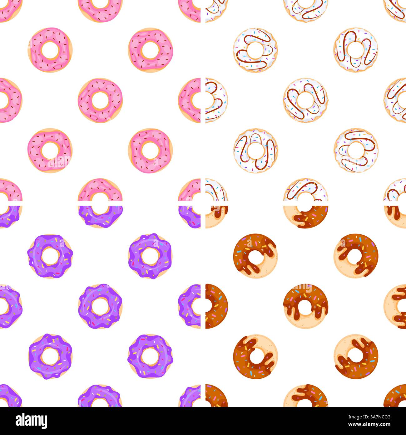 Farbenfrohes Donuts-Muster mit rosa, lila, weißen und Schokoladenglasur und Streuseln Stock Vektor