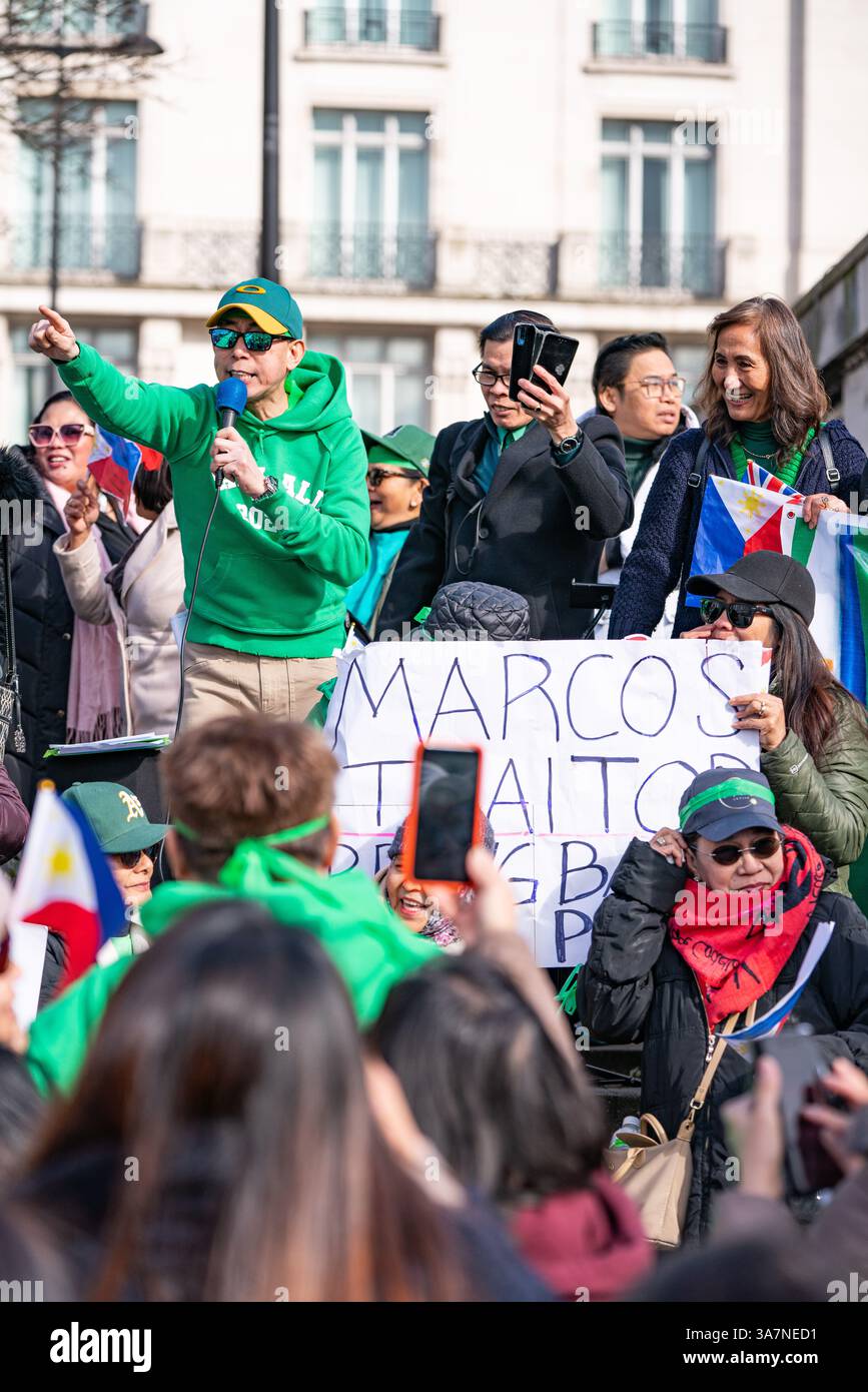 Philipinos politischer Protest gegen den Ex-Präsidenten Marcos im März 2025 in London. Stockfoto