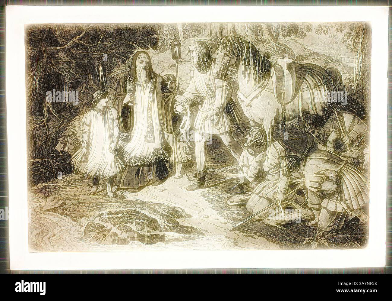 Eine Gruppe von Menschen in historischer Kleidung steht in der Nähe eines Pferdes, umgeben von einem üppigen Wald. Eine Figur scheint mit einer anderen zu interagieren, während andere in der Nähe knien. Die Szene vermittelt ein Gefühl der Interaktion und des Erzählens aus einer vergangenen Zeit., Klassische Kunst mit modernem Twist neu interpretiert von Artotop, Rudolph von Habsburg und der Priester, 1809, Karl Russ, Deutsch, 1799-1843, Deutschland, Ätzen und Aquatint auf Elfenbein-Webpapier Stockfoto