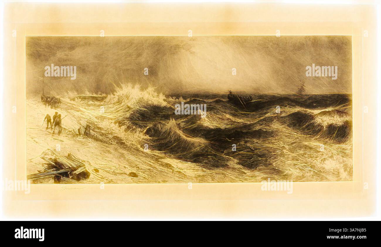 Eine turbulente Meereslandschaft fängt abstürzende Wellen und ein weit entferntes Schiff ein, während Figuren an der Küste gegen die Elemente kämpfen. Das dramatische Zusammenspiel von Licht und Schatten verstärkt das Gefühl von Chaos und Bewegung in dieser Küstenszene., Klassische Kunst mit modernem Twist neu interpretiert von Artotop, The Resounding Sea, 1886, Thomas Moran, Amerikaner, geboren in England, 1837-1926, USA, Ätzen auf Papier Stockfoto Eine turbulente Meereslandschaft fängt abstürzende Wellen und ein weit entferntes Schiff ein, während Figuren an der Küste gegen die Elemente kämpfen. Das dramatische Zusammenspiel von Licht und Schatten verstärkt das Gefühl von Chaos und Bewegung in dieser Küstenszene., Klassische Kunst mit modernem Twist neu interpretiert von Artotop, The Resounding Sea, 1886, Thomas Moran, Amerikaner, geboren in England, 1837-1926, USA, Ätzen auf Papier Stockfoto