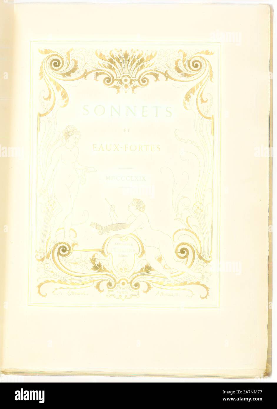 Eine elegante Titelseite mit kunstvollen Dekorationselementen, darunter komplizierte Designs und Figuren, mit einer Sammlung von Sonetten aus dem Jahr 1869., Klassische Kunst mit modernem Touch neu interpretiert von Artotop, Sonnets et eaux-fortes, 1869, Jean-Baptiste-Camille Corot (Französisch, 1796-1875), Jean Francois Millet (Französisch, 1814-1875), Edouard Manet (Französisch, 1832-1883), Léon Gaucherel (Französisch, 1816-1886), Emile Levy (Französisch, 1826-1890), Edmond Morin (Französisch, 1824-1882), Felix Henri Giacomotti (Französisch, 1828-1909), Celestin Nanteuil (Französisch, 1813-1873), Armand Queyroy (Französisch, 1830-1893), Gustave Doré (Fre Stockfoto