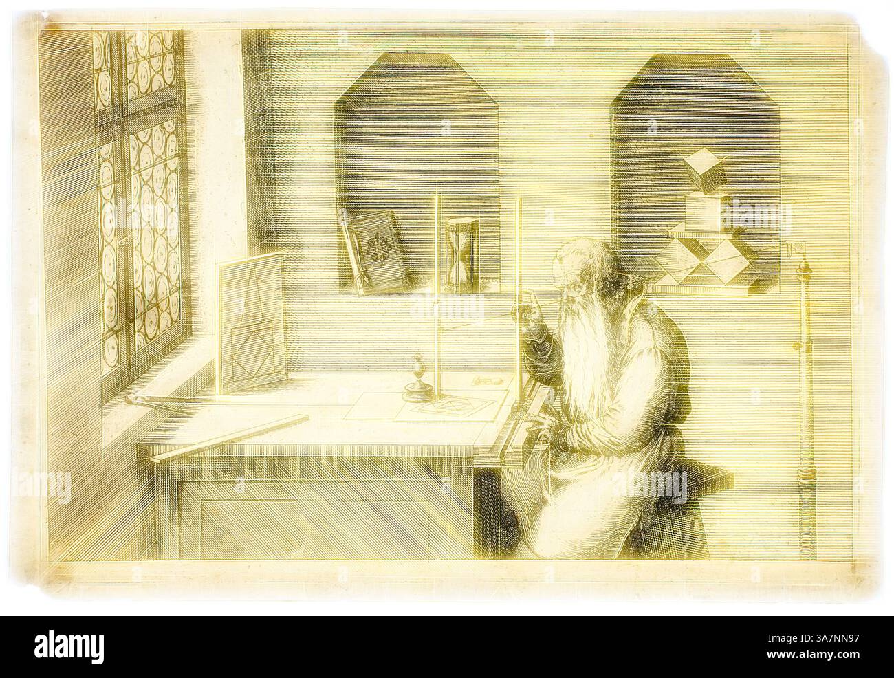 Ein älterer Gelehrter sitzt in besinnlicher Betrachtung an einem Tisch voller geometrischer Formen und wissenschaftlicher Instrumente. Sonnenlicht strömt durch ein Fenster und beleuchtet seinen nachdenklichen Ausdruck, während er die Feinheiten seiner Arbeit studiert. Der Raum hat eine akademische Atmosphäre, mit Büchern und Skizzen an den Wänden, die auf ein tiefes Streben nach Wissen hinweisen., Klassische Kunst mit einem modernen Twist neu interpretiert von Artotop, Portrait of Wenzel Jamnitzer in His Study, 1572/75, Jost Amman, Schweiz, 1539-1591, Schweiz, Gravur in schwarzer Tinte auf cremefarbenem Büttenpapier Stockfoto