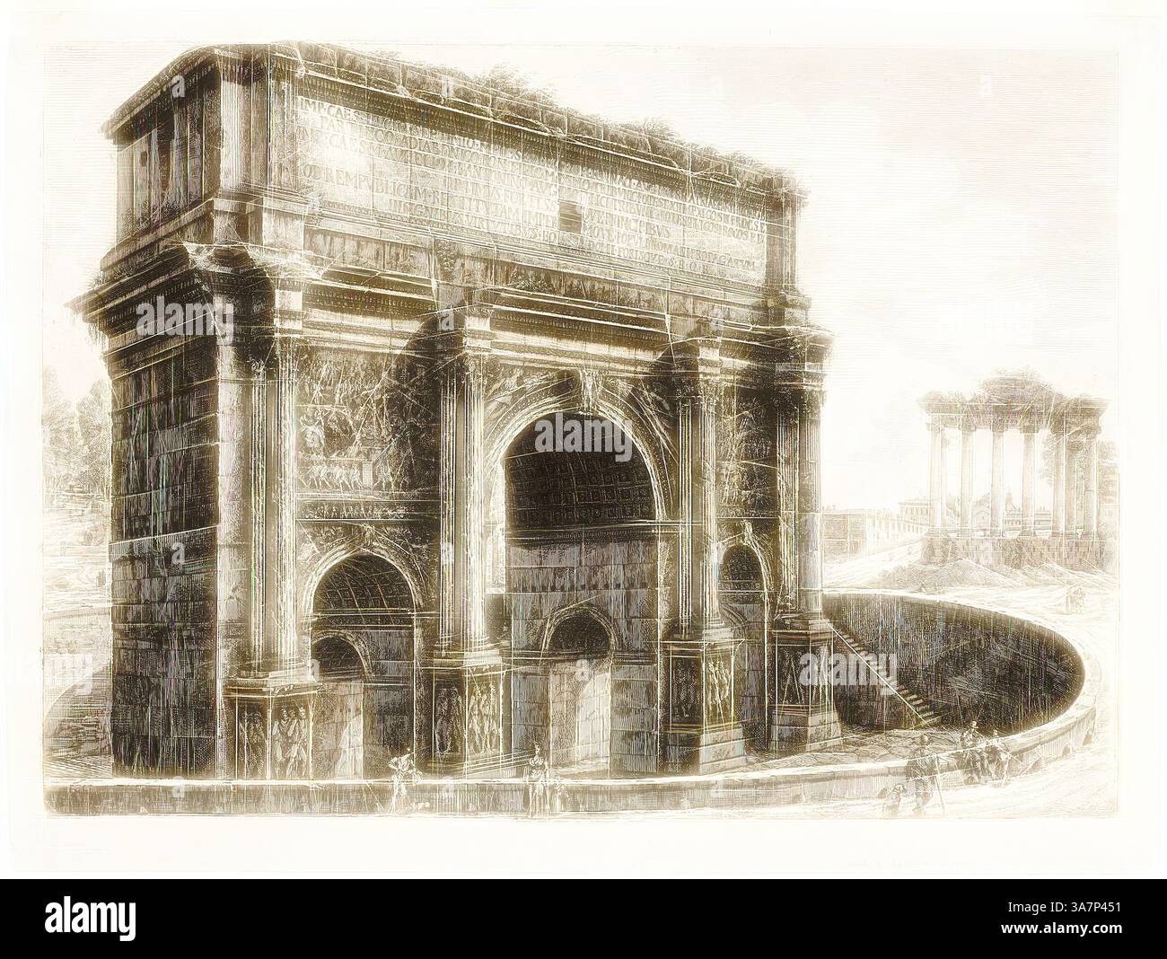 Ein aufwändig detailliertes architektonisches Monument mit großen Bögen und kunstvollen Schnitzereien steht im Vordergrund. Im Hintergrund erheben sich antike Säulen, die auf eine einst majestätische Struktur hinweisen. Die Szene weckt ein Gefühl von Geschichte und Pracht und lädt zur Neugier auf ihre Ursprünge ein., Klassische Kunst mit modernem Twist neu interpretiert von Artotop, der Bogen des Septimus Severus, 1820, Luigi Rossini, Italienisch, 1790-1857, Italien, Ätzen auf weißem Webpapier Stockfoto Ein aufwändig detailliertes architektonisches Monument mit großen Bögen und kunstvollen Schnitzereien steht im Vordergrund. Im Hintergrund erheben sich antike Säulen, die auf eine einst majestätische Struktur hinweisen. Die Szene weckt ein Gefühl von Geschichte und Pracht und lädt zur Neugier auf ihre Ursprünge ein., Klassische Kunst mit modernem Twist neu interpretiert von Artotop, der Bogen des Septimus Severus, 1820, Luigi Rossini, Italienisch, 1790-1857, Italien, Ätzen auf weißem Webpapier Stockfoto