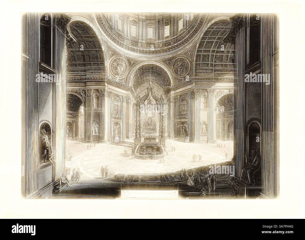 Ein weitläufiges architektonisches Interieur mit großen Bögen und verzierten Details, mit Figuren, die überall verstreut sind, unterstreichen die Größe und Komplexität des Designs. In der Mitte steht ein prominenter Altar oder Monument, der das Auge in die raffinierte Umgebung zieht., Klassische Kunst mit modernem Touch neu interpretiert von Artotop, Innenansicht der Petersbasilika im Vatikan, in der Nähe der Tribüne, von Ansichten von Rom, 1773, Giovanni Battista Piranesi, Italienisch, 1720-1778, Italien, Ätzen auf schwerem Elfenbein-Papier Stockfoto Ein weitläufiges architektonisches Interieur mit großen Bögen und verzierten Details, mit Figuren, die überall verstreut sind, unterstreichen die Größe und Komplexität des Designs. In der Mitte steht ein prominenter Altar oder Monument, der das Auge in die raffinierte Umgebung zieht., Klassische Kunst mit modernem Touch neu interpretiert von Artotop, Innenansicht der Petersbasilika im Vatikan, in der Nähe der Tribüne, von Ansichten von Rom, 1773, Giovanni Battista Piranesi, Italienisch, 1720-1778, Italien, Ätzen auf schwerem Elfenbein-Papier Stockfoto