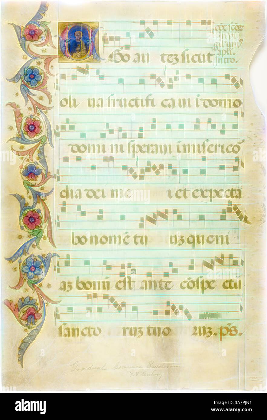Eine kunstvolle Handschrift mit dekorativen Blumenrändern und Notenschrift, mit einem lebhaften Anfangsbuchstaben oben links. Die elegante Schrift vermittelt einen liturgischen Text, der Kunstfertigkeit und Spiritualität verbindet. Klassische Kunst mit einem modernen Twist, neu interpretiert von Artotop, St. Peter in einem historisierten Initial E aus einem allmählichen, 15. Jahrhundert, Italien, Manuskripte in Tempera und Blattgold, und rote und blaue Tinte, mit gothica Textura-Inschriften in bräunlich-schwarzer und mit roter Tinte, Recto und Verso auf Pergament Stockfoto