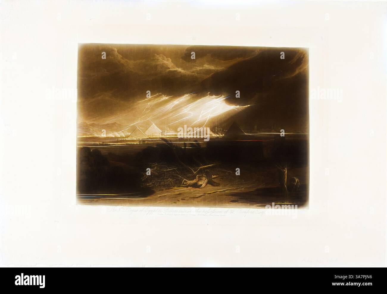Eine dramatische Landschaft mit hoch aufragenden Pyramiden unter einem bedrohlichen Himmel, beleuchtet von Lichtstreifen. Der Vordergrund zeigt raues Gelände mit verstreuten Trümmern, während der Horizont auf ferne Figuren und Strukturen hinweist, was ein Gefühl für Mysterium und antike Geschichte weckt., Klassische Kunst mit moderner Note neu interpretiert von Artotop, die fünfte Pest Ägyptens, Platte 16 aus Liber Studiorum, veröffentlicht 10. Juni 1808, Joseph Mallord William Turner (Englisch, 1775-1851), graviert von Charles Turner (Englisch, 1773-1857), England, Mezzotbraun und Elfenbein auf Papier Stockfoto