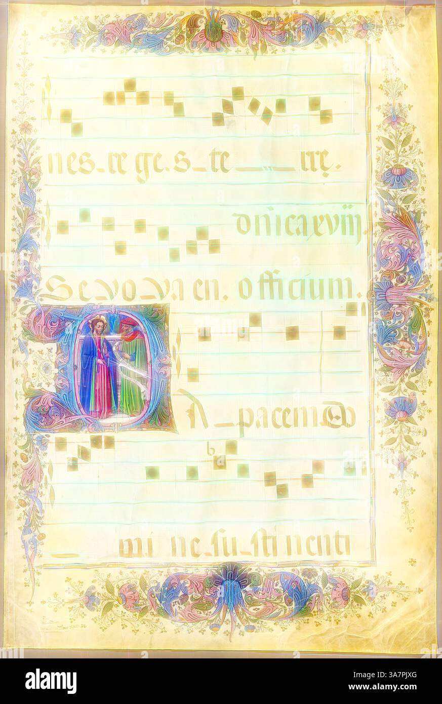 Eine kunstvoll verzierte Manuskriptseite mit dekorativer Notenschrift und einem anschaulich illustrierten Anfangsbuchstaben. Das komplizierte Design umfasst wirbelnde florale Motive und Figuren, die die Eleganz des Textes betonen. Klassische Kunst mit moderner Note, neu interpretiert von Artotop, Christus und einem Pharisäer in einem historischen Initial D aus einem graduellen, 1430/90, spanischen (Sevilla), Meister der Zypressen (Pedro da Toledo oder Nicolás Gómez) (Spanisch, blühend um 1420-1440 oder 1460-1490), Spanien, Manuskript geschnitten in Tempera und Blattgold, mit abgerundeter Ingownica in schwarzem Schriftzug Stockfoto