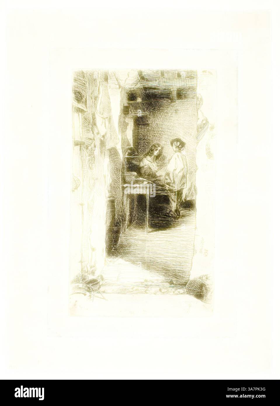 Eine ruhige häusliche Szene mit zwei Kindern, eines sitzt am Klavier, das andere steht in der Nähe, in einem Moment musikalischer Interaktion. Die Atmosphäre ruft Wärme und Nostalgie hervor und unterstreicht die Einfachheit der Kindheit und die Freude an Musik., Klassische Kunst mit modernem Touch neu interpretiert von Artotop, Rag Pickers, Quartier Mouffetard, Paris, 1858, James McNeill Whistler, amerikanisch, 1834-1903, USA, Ätzen und Trockenspitzen in schwarzer Tinte auf weißem japanischem Papier Stockfoto