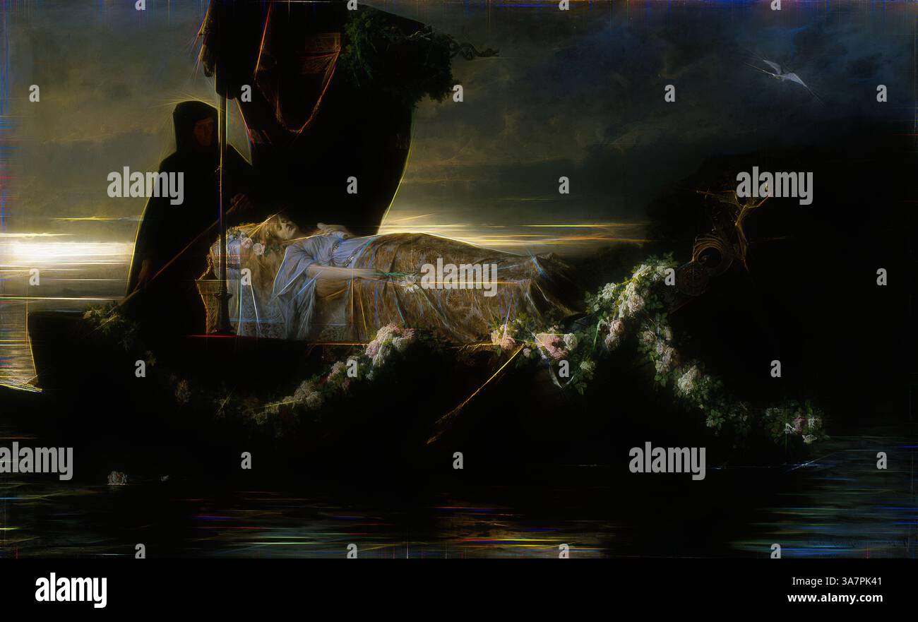 Eine düstere Figur steht neben einem wunderschön geschmückten Boot, das eine ruhige Figur trägt, umhüllt von fließenden weißen Vorhängen. Zarte Blumen verflechten sich um das Boot, vor einem dramatischen Himmel, der auf die Dämmerung hinweist und eine Atmosphäre der Ruhe und Reflexion weckt., Klassische Kunst mit modernem Touch neu interpretiert von Artotop, Elaine, 1874, Toby Edward Rosenthal, Amerikaner, 1848–1917, USA, Öl auf Leinwand Stockfoto