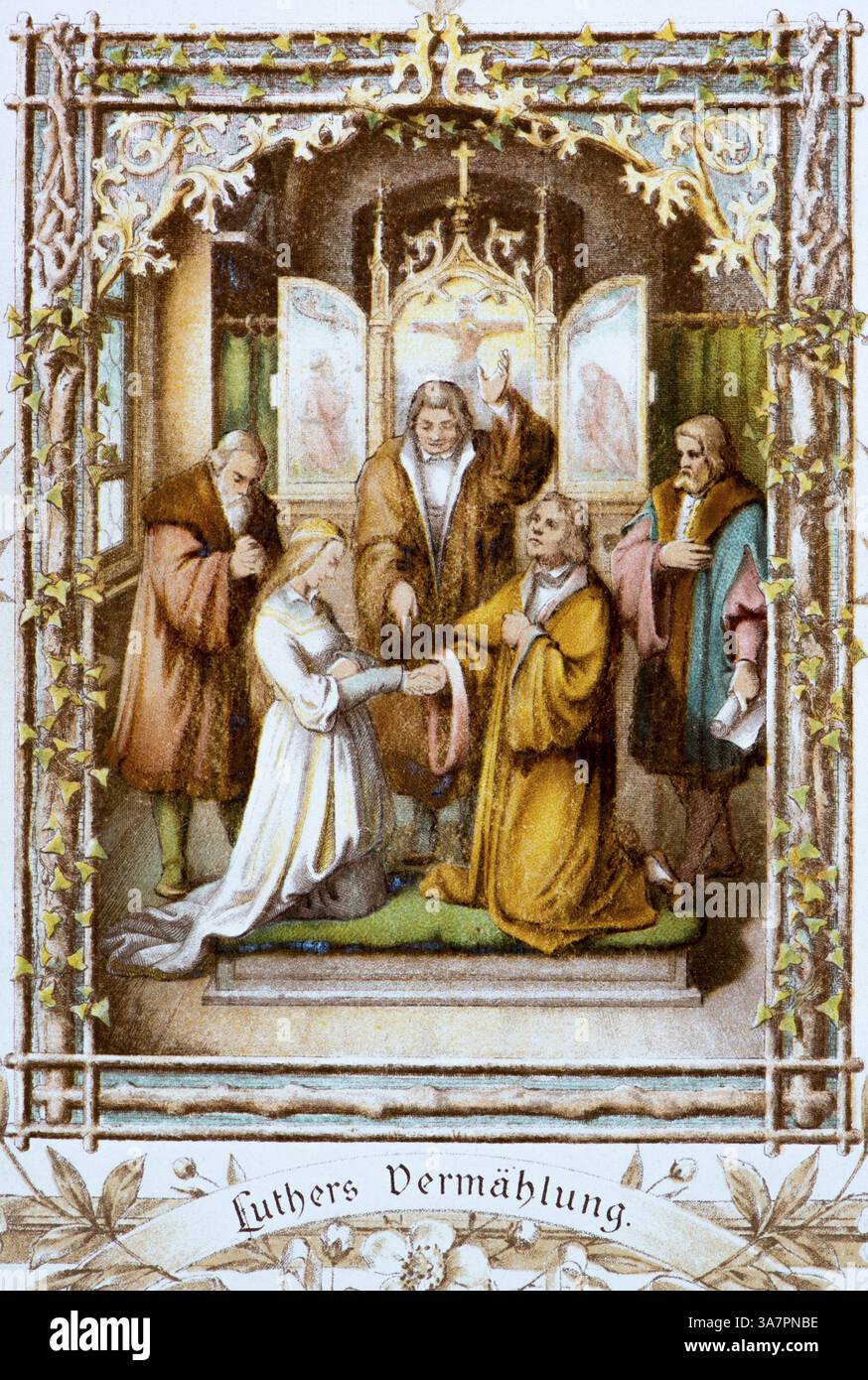 Luther heiratet 1499 Katharina von Bora, Hochzeitsszene vor dem Altar in der Kirche, Altarflügel geöffnet, Priester segnet die beiden, Zeugen davon Stockfoto