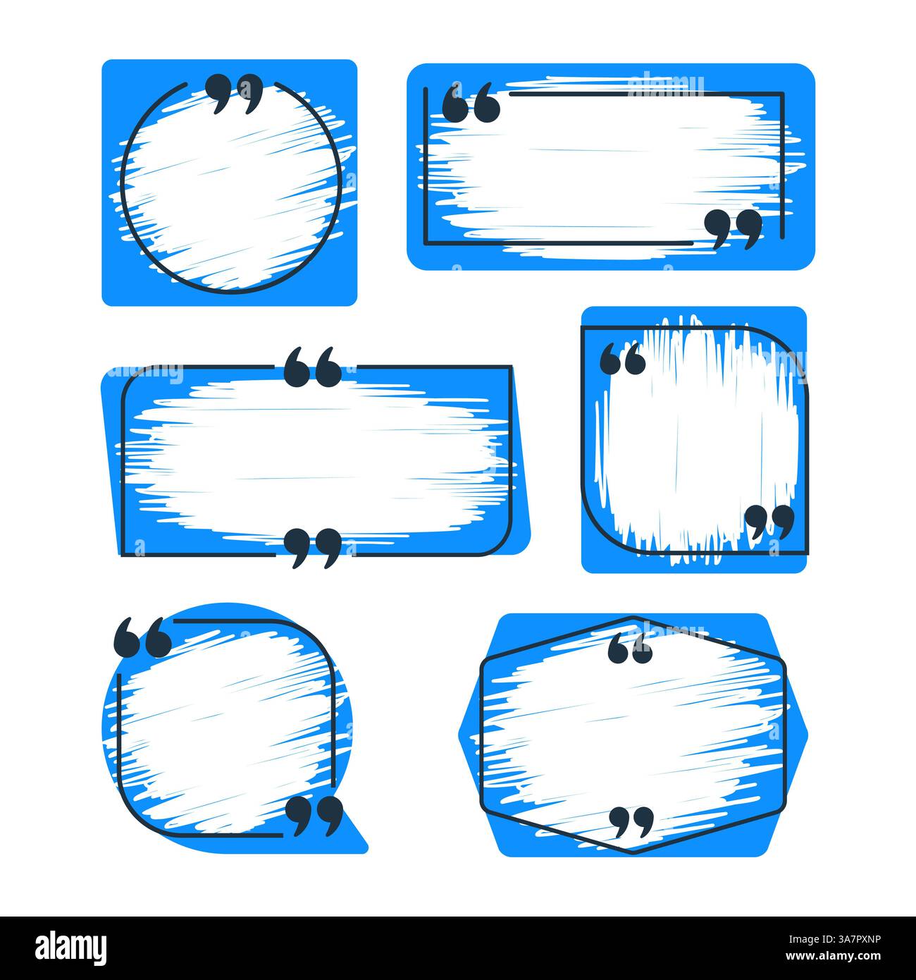 Satz von Anführungsrahmen mit Anführungszeichen, die verschiedene Formen und Scribble-Füllungen zeigen Stock Vektor