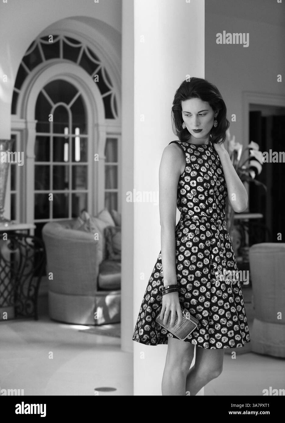 Februar 2013 - Annapolis, MD, USA - Theia Dress, Jones & Jones, $495. Kate Spade Armreifen, Handtaschen in der Stadt, $38 pro Stück. Ohrringe, Bijoux Inspired Jewels, $83. Foley + Corinna Clutch, foleyandcorinna.com, $150. (Bild: © Lloyd Fox/MCT/ZUMAPRESS.com) Stockfoto