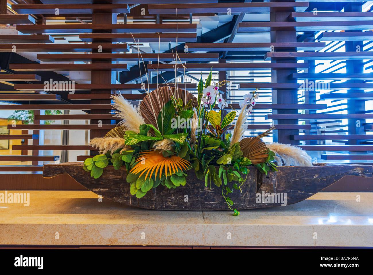 Tropische Blumenarrangements mit Orchideen, trockenen Palmenblättern und Pampasgras in Holzschalen. Mexiko. Stockfoto
