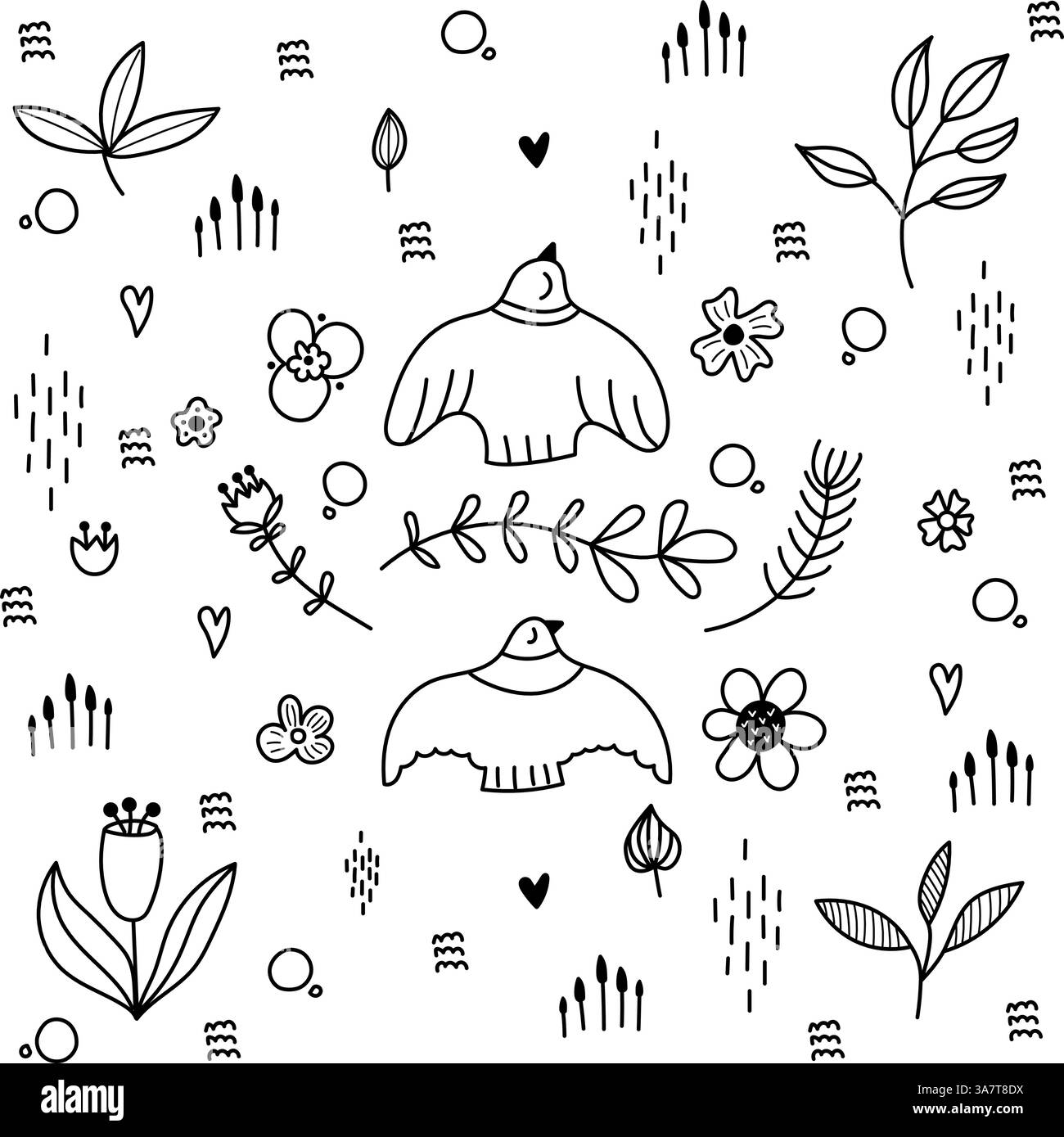 Vintage-Doodle-Set mit Vögeln und Blumen. Aufkleber, können für Rundjournal oder Stoff verwendet werden. Stock Vektor