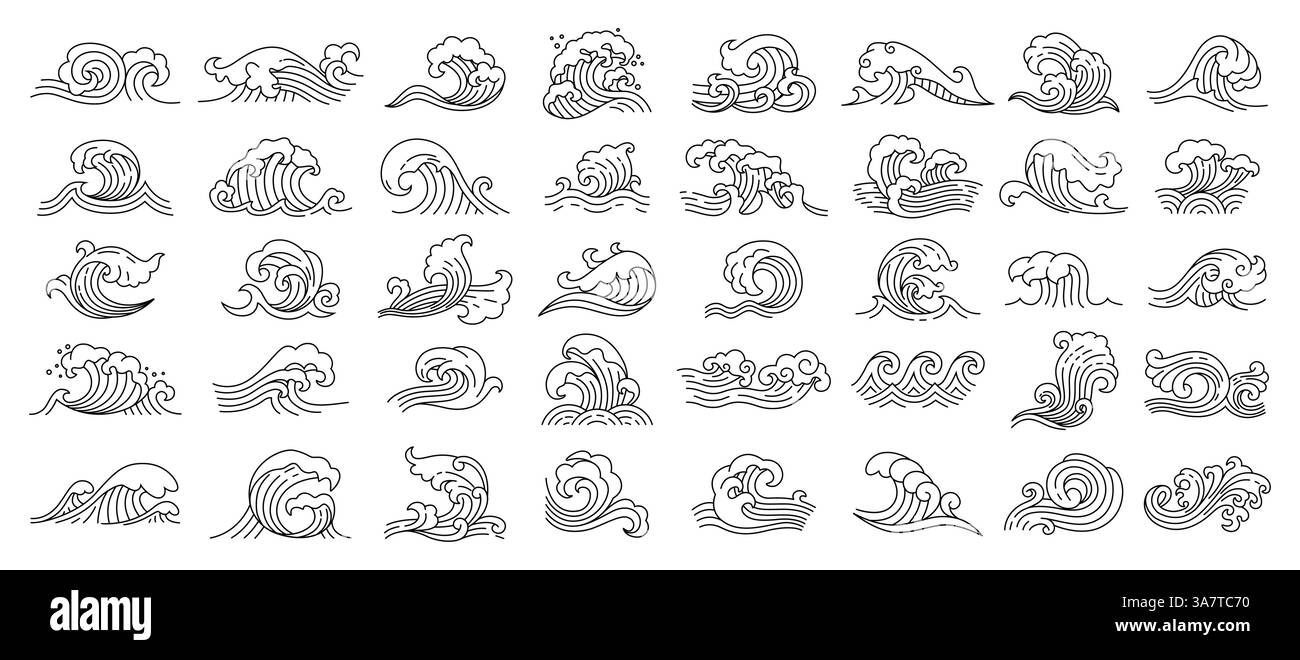 Japanische und chinesische asiatische Meereswellen-Ikonen mit Vektorlinienmuster von Wasser wirbelt Textur. Alte asiatische Wellen, Tsunami, Surf- und Sturmwassersplashe Stock Vektor